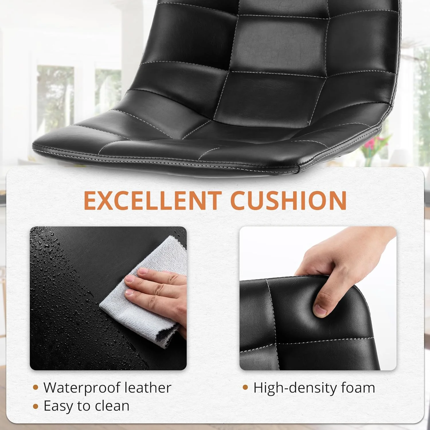 LUE BONA Upholstered Checkered Pattern Bar Stools Set of 6, Faux Leather 30 Inch Bar Height Chairs Kithchen Island, Black