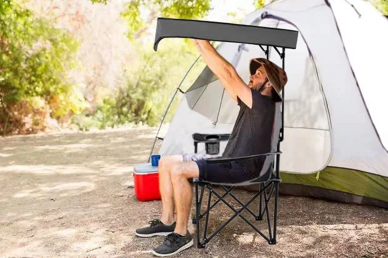 OUWI Oversized Camping Lounge Chair with Adjustable Shade Canopy, Heavy Duty Quad Fold Chair Arm Chair - Support 350 LBS (Black Grey)