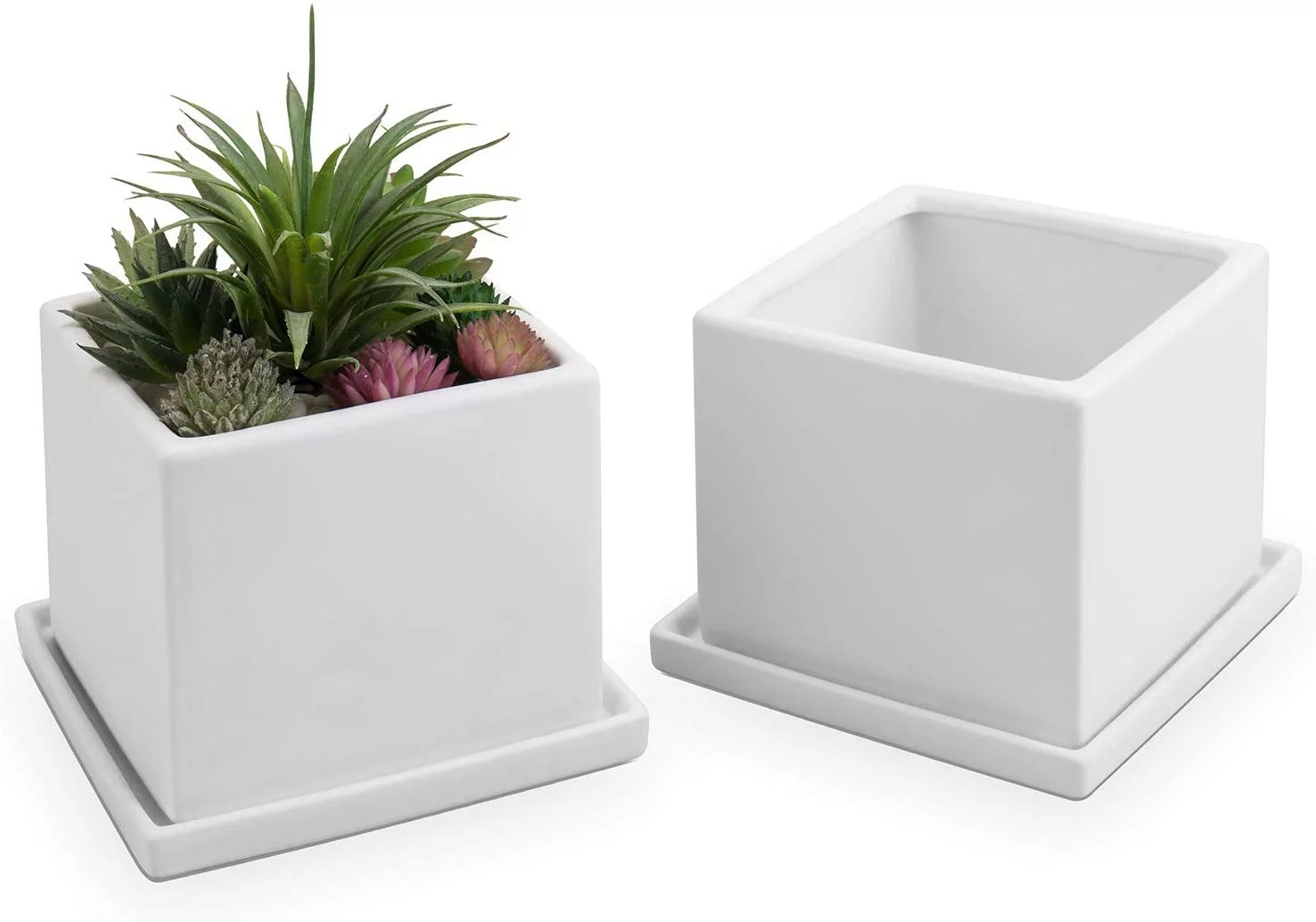 MyGift Decorative Square Flower Succulent Planter, 2 Piece White Ceramic Pot