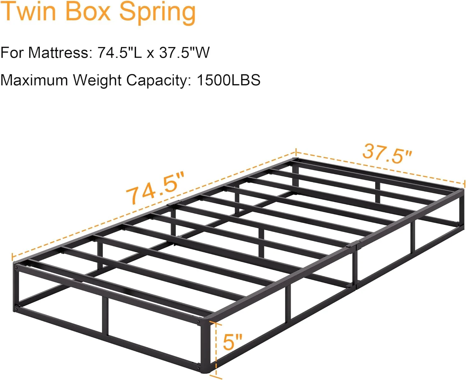 HYUN Twin Box Spring，5 Inch Low Profile Metal Boxspring with Non-Slip Fabric Bed Cover, Sturdy Heavy Duty Steel Structure Bed Base, Noise-Free Mattress Foundation, Easy Assembly，Black