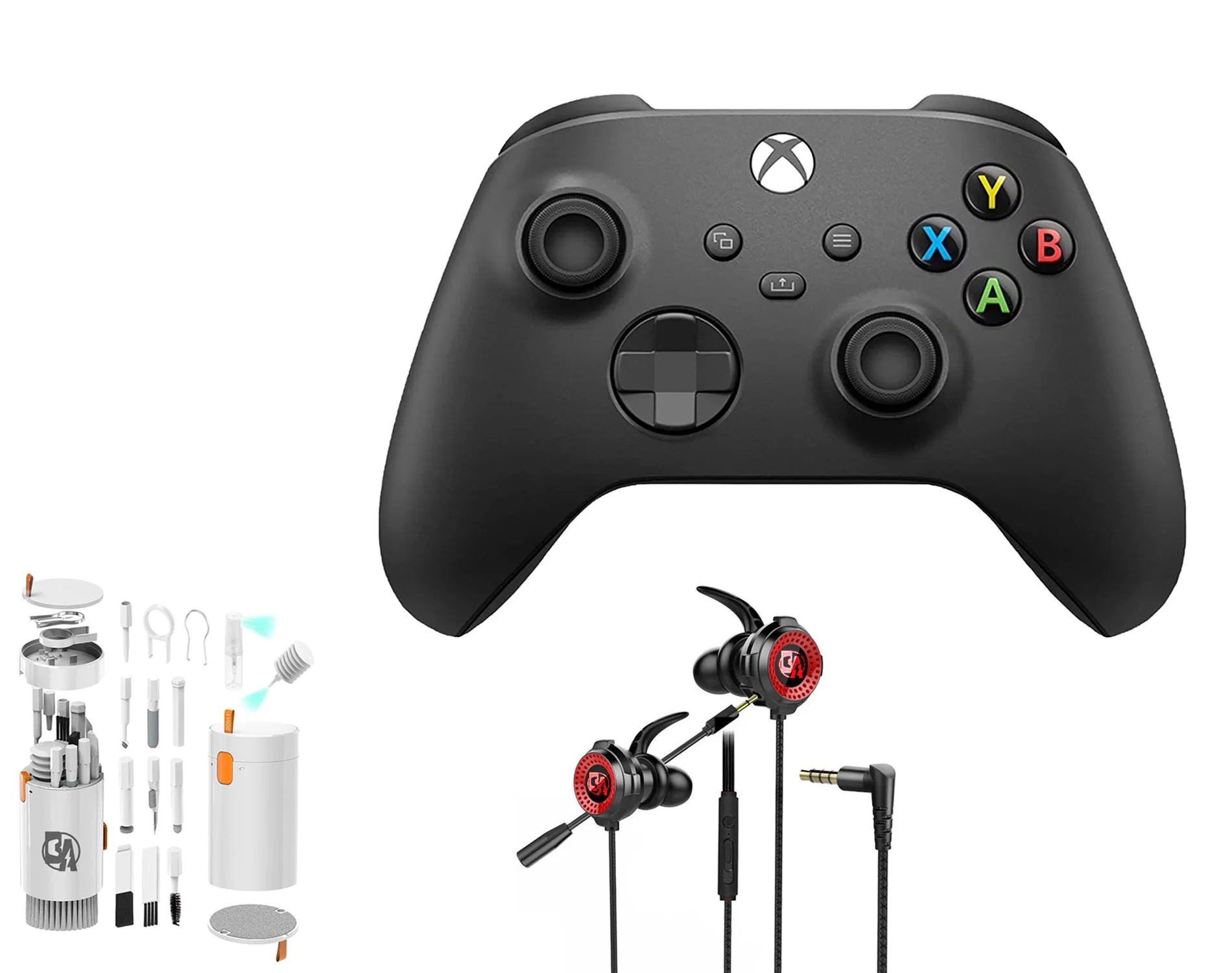 Microsoft Xbox Wireless Carbon Black Controller for Xbox Console + Wired Earbuds With Cleaning Kit BOLT AXTION Bundle Used