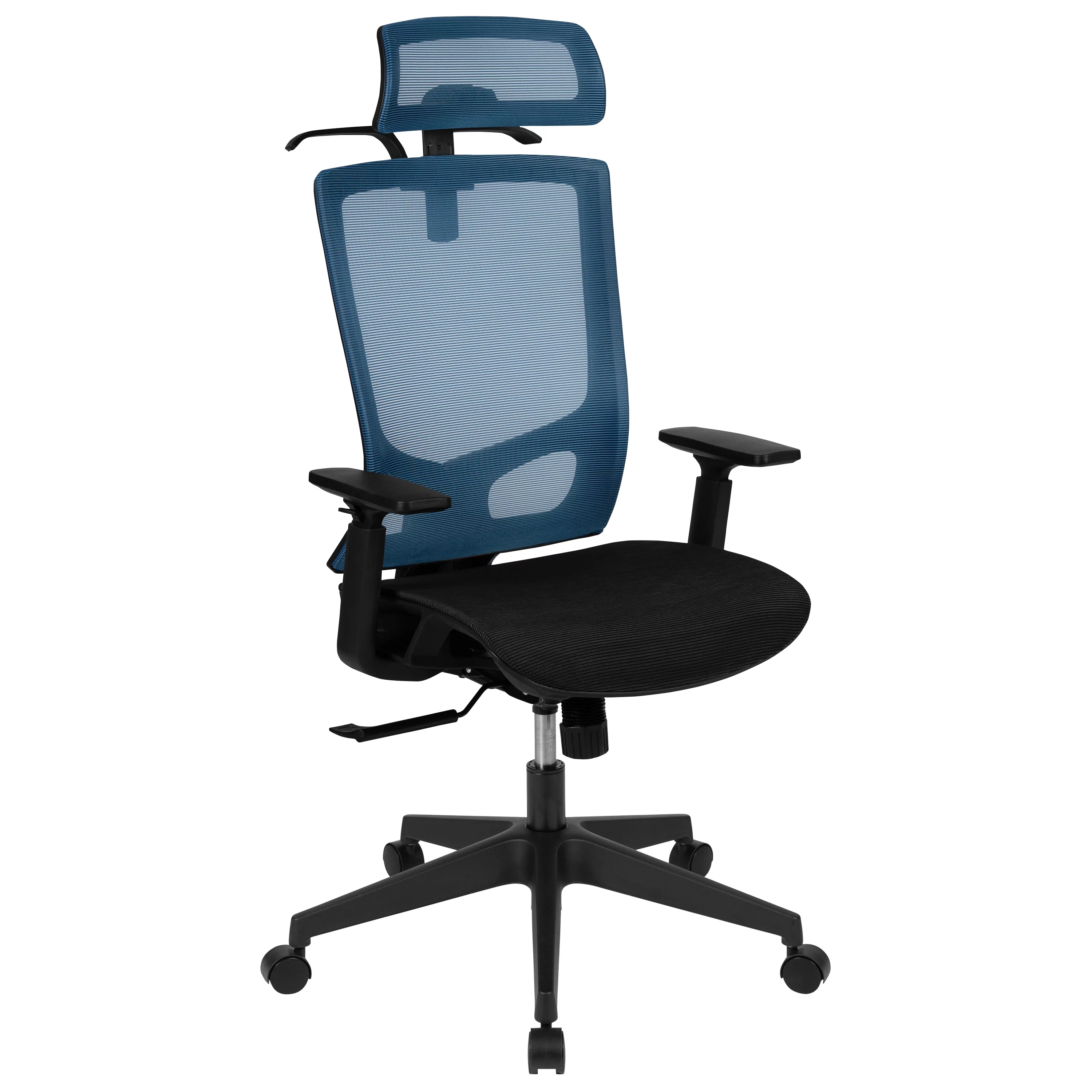 Emma + Oliver Ergonomic Blue/Black Mesh Office Chair-Synchro, Pivot Headrest, Adjustable Arms