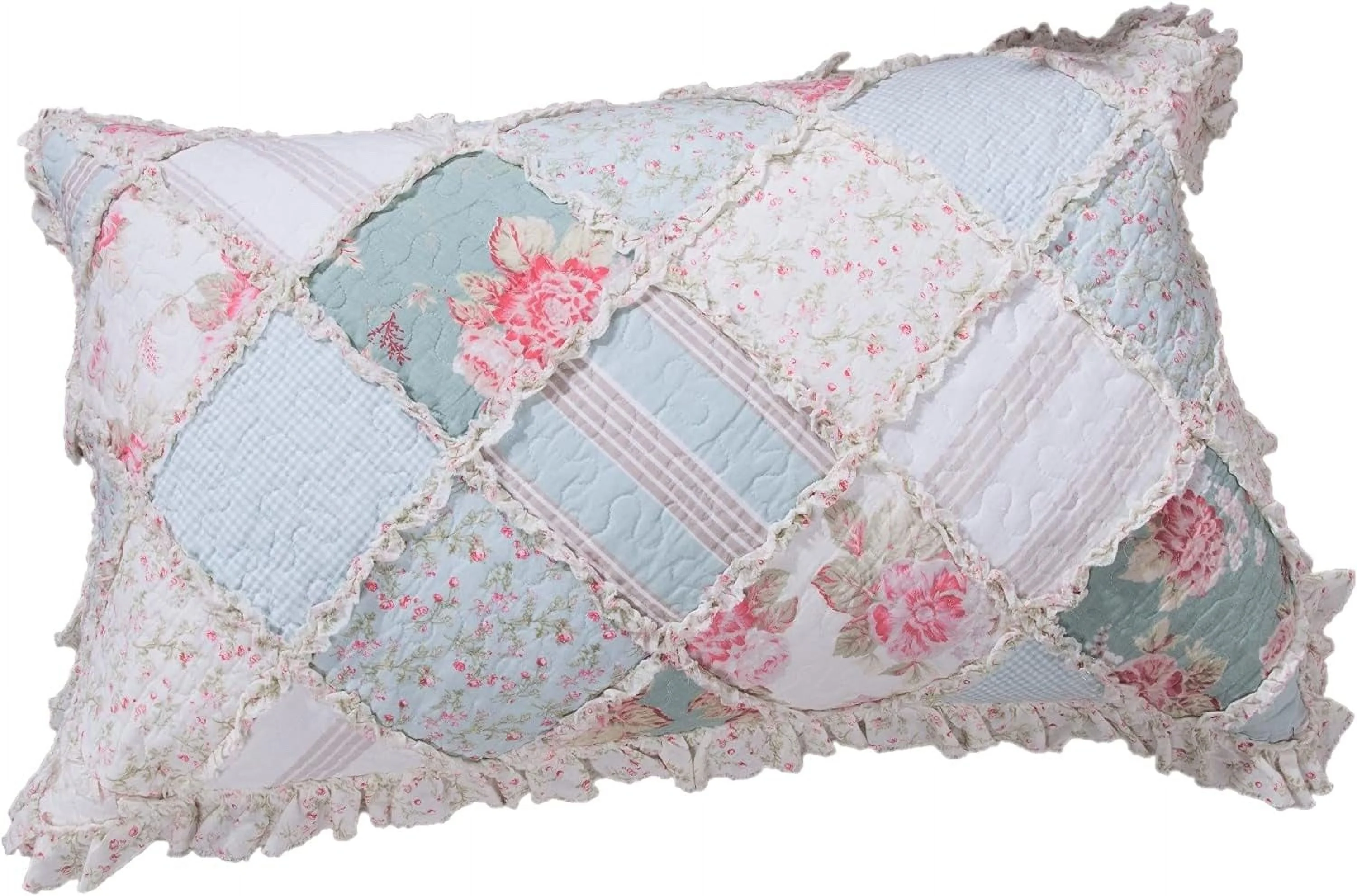 Blooming Floral Patchwork Pillow Sham - Hint Of Mint Cotton Country Cottage Chic - Dainty Ruffles Pastel Light Blue/Green - King Size 20