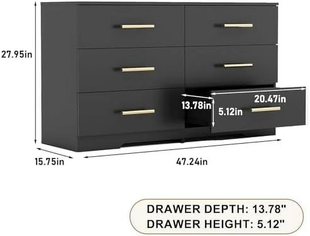 xrboomlife Black 6 Drawer Dresser for Bedroom  Modern Wide Dresser with Golden Handles&Sturdy Base  Chest of Drawers  Accent Strorage Dresser for Living Room  Entryway   Room