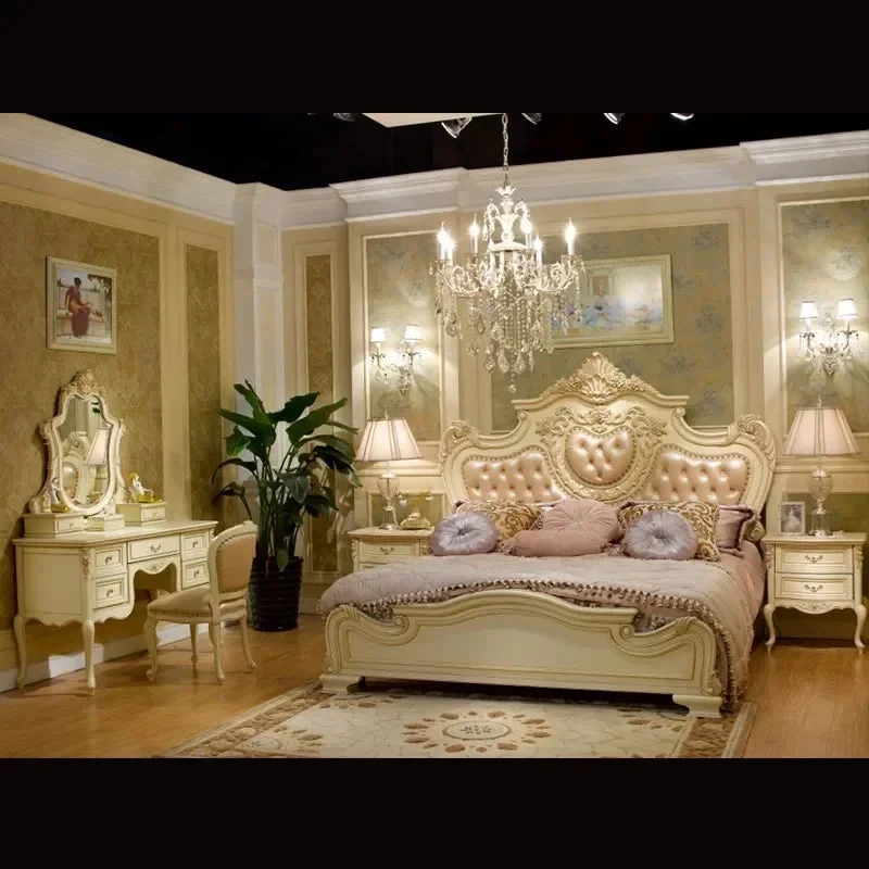 European-style solid wood leather bed villa bedroom leather double bed luxury wedding bed custom furniture
