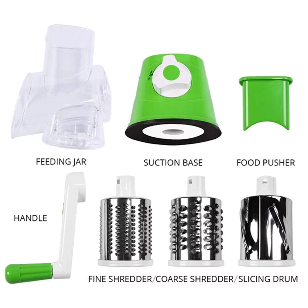 JahyShow Manual Rotary Potato Grater Kitchen Mandoline Vegetable Slicer，with 3 stainless steel vegetable cutting tubes，Easy to use (Green)