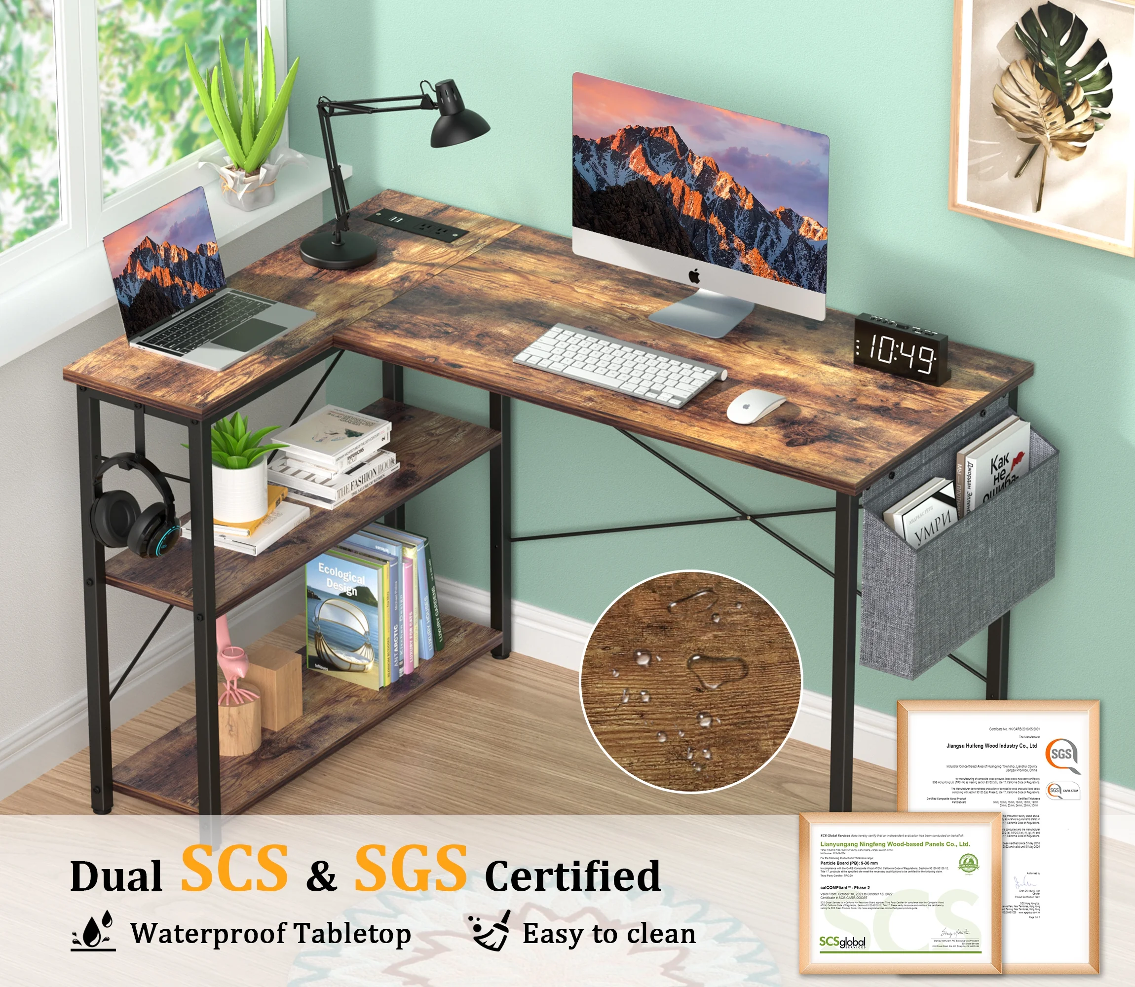 Mr IRONSTONE L Shaped Desk with Power Outlets & LED Lights, Computer Desk with Long Monitor Stand, 47 Inch Office Desk, Corner Desk for Small Space, Home Office Desk, Rustic Brown