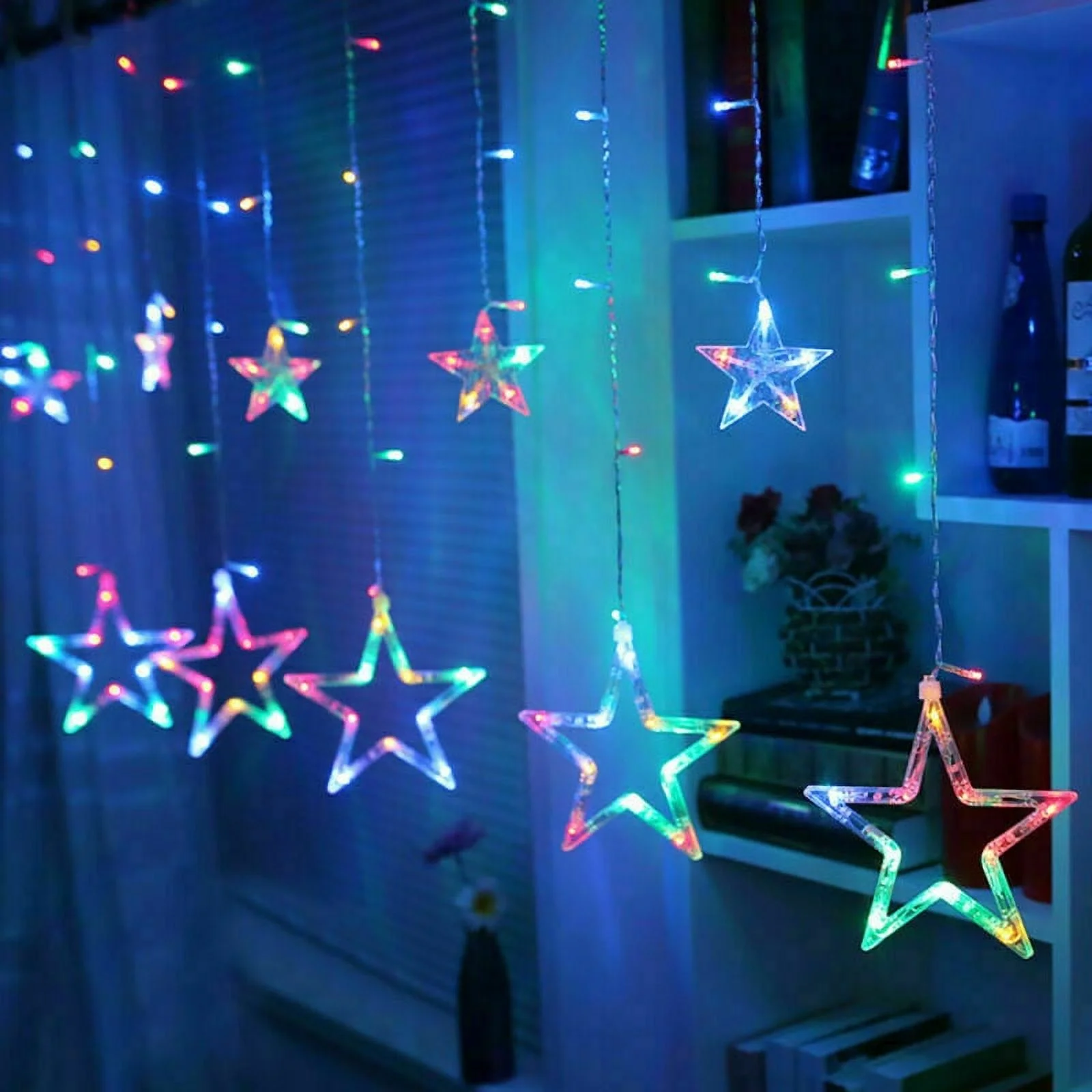 Morttic 12 Stars 138 LED Curtain String Lights, Window Curtain Lights with 8 Flashing Modes for Christmas, Wedding, Party, Bedroom Home Decorations (Multicolor)