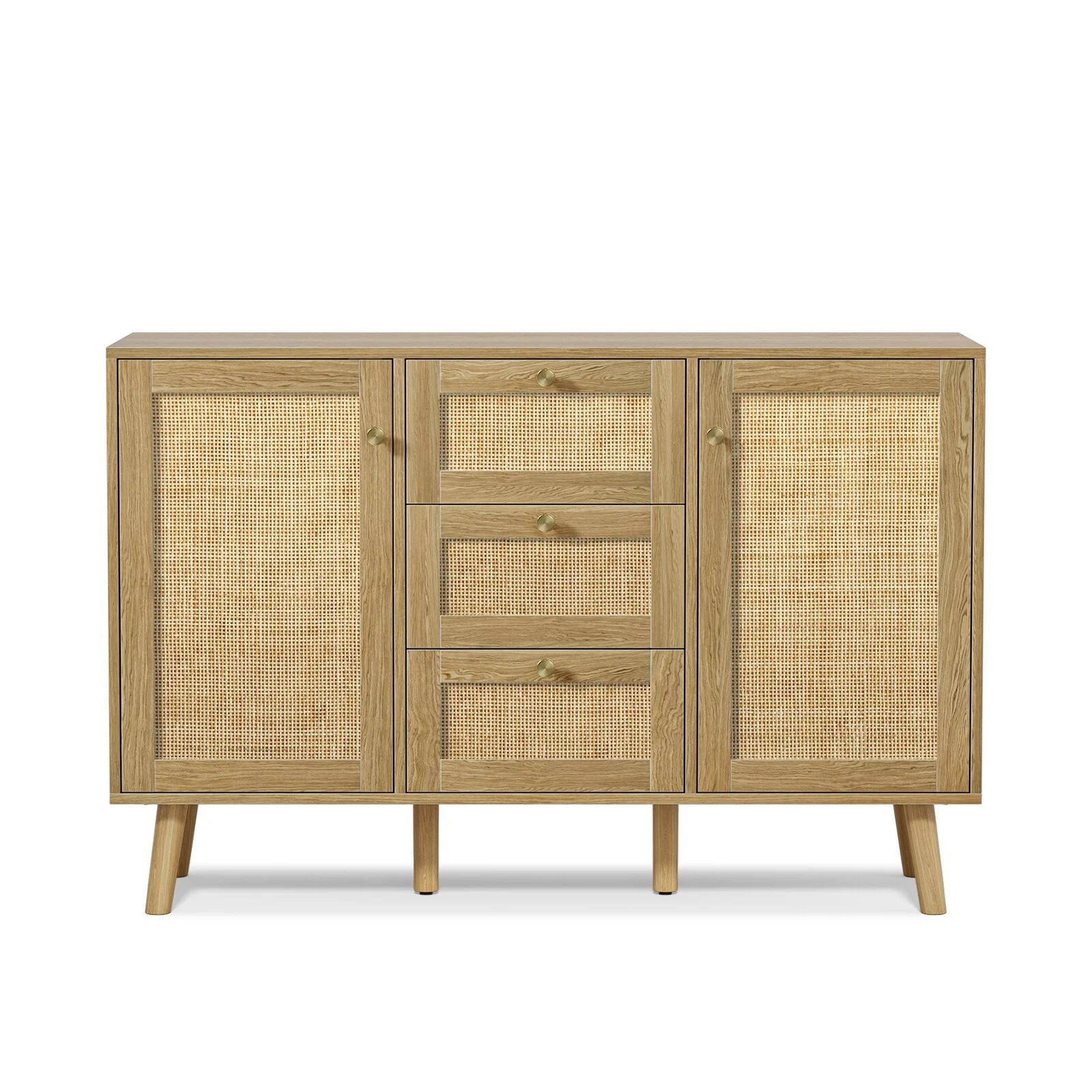 Anmytek  Buffet Sideboard 3-Drawer Chest of Drawers with 2 Door Mid-Century Modern Rattan Cabinet Console Table