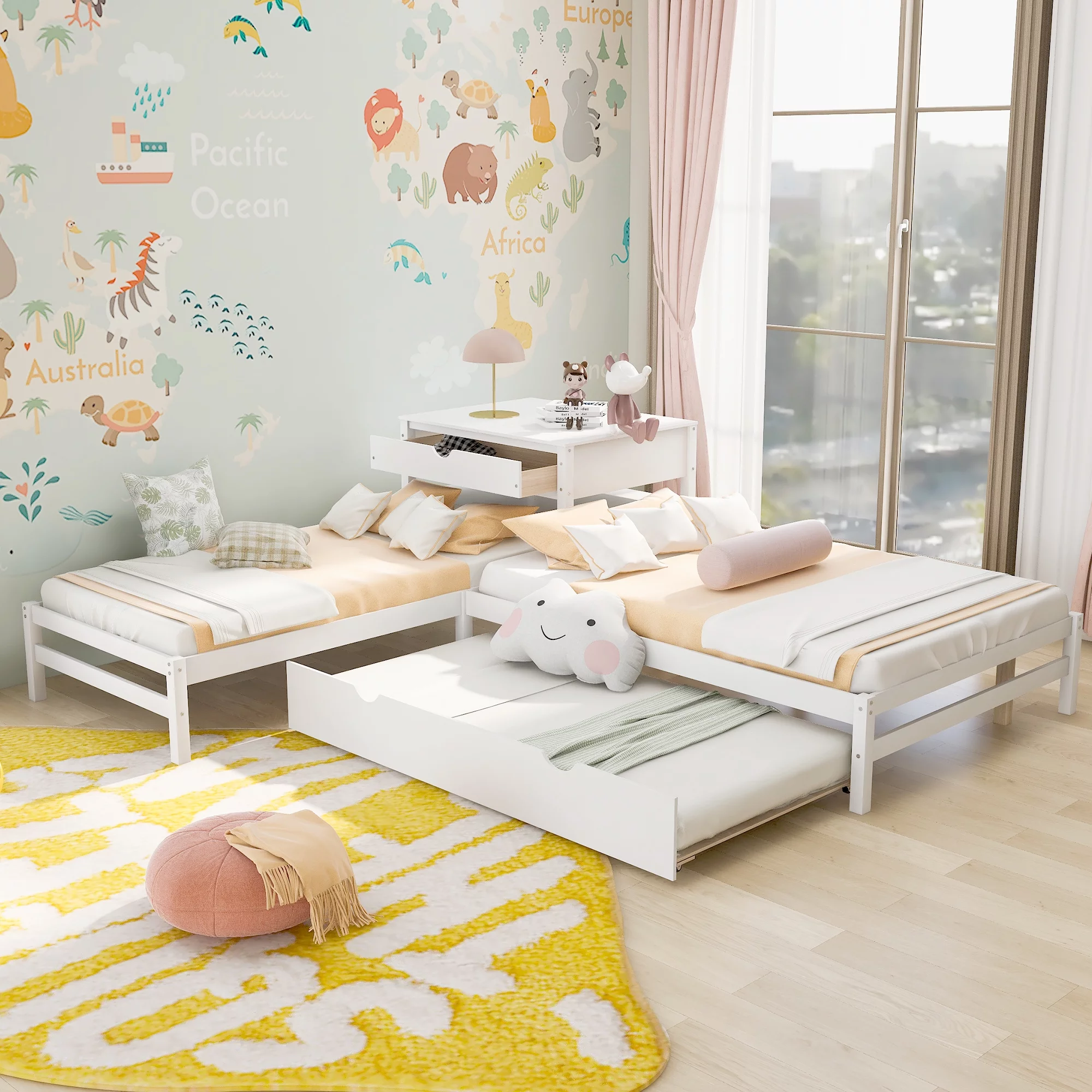 Full and Twin Size L-Shaped Platform Beds with Trundle and Table, White