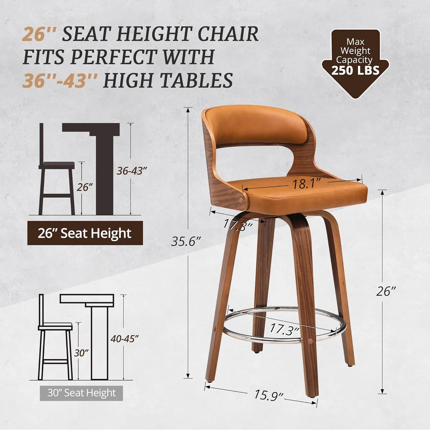 U-ToBe Bar Stools Swivel, Mid Century Modern Bar Stools, 26 Inch Bar Chairs with Hollow Back, Walnut Finish and Faux Leather Seat, Counter Height Barstool Set of 4, Whiskey Brown