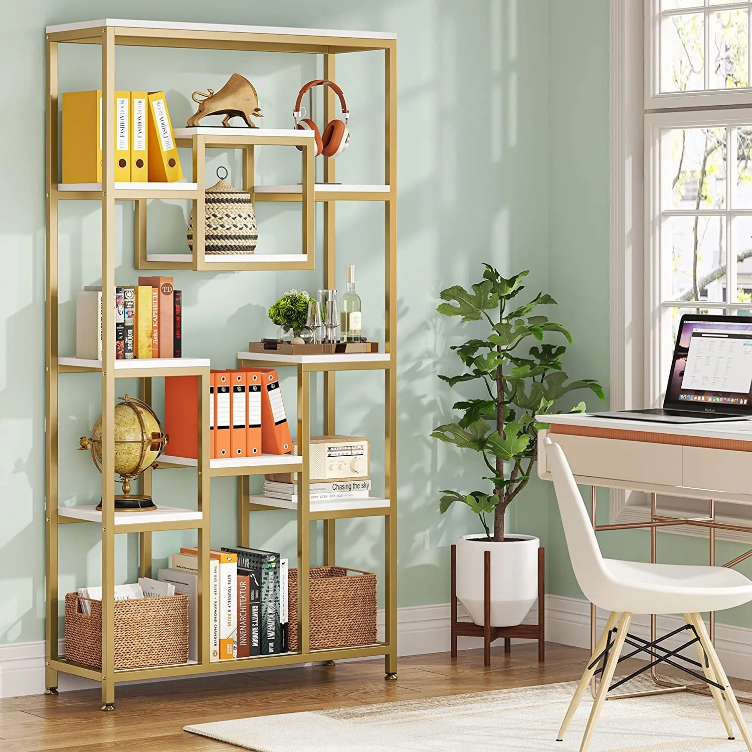 Lee 71 Inch Tall Bookshelf, Freestanding Geometric Bookcase, White and Gold