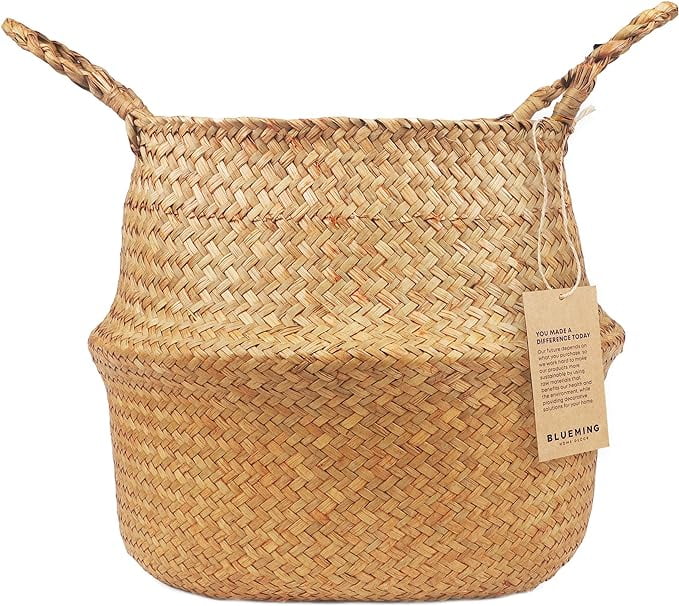 Blueming Home Decor Plant Basket – Seagrass Belly Basket Planter for Tall Indoor Plants, Round Woven Rattan Wicker Baskets for 9-10 Inch Plant Pots (Original, Large)