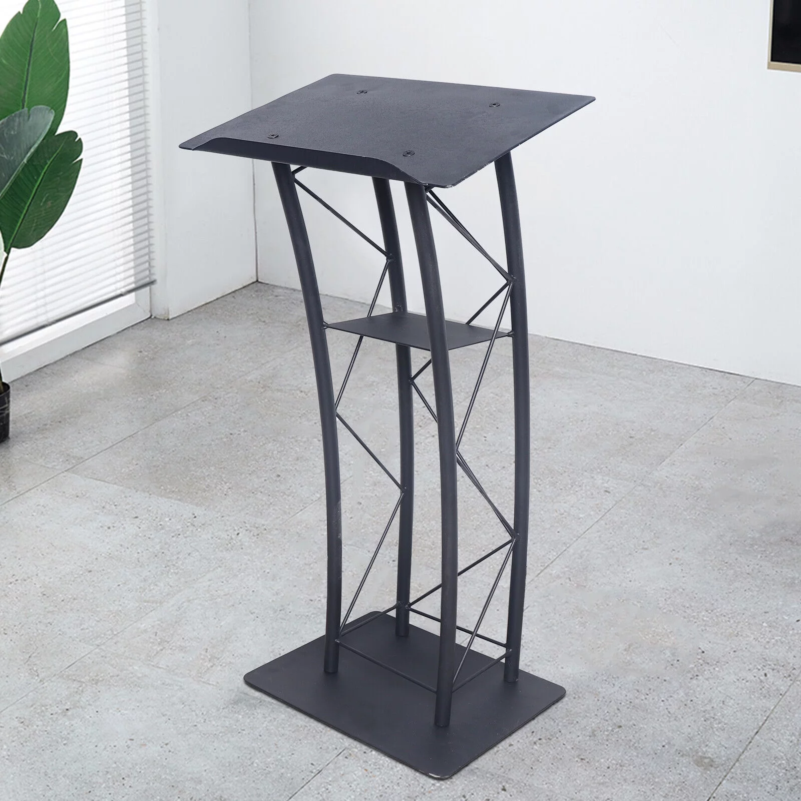 Lecture Speaking Stand Black Wrought Iron Curved Church Podium Truss Metal Wood Pulpit Presentation