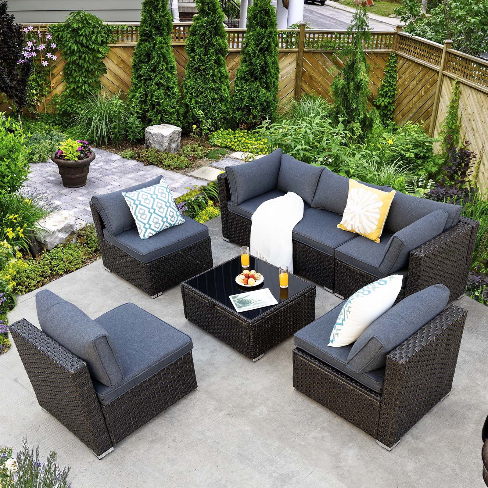 MEISSALIVVE 7 Pieces Patio Furniture Set, Modular Outdoor Sectional, Wicker Patio Sectional Sofa, Rattan Conversation Set with Storage Coffee Table&Adjustable Corner Sofa for Balcony- Gray Rattan