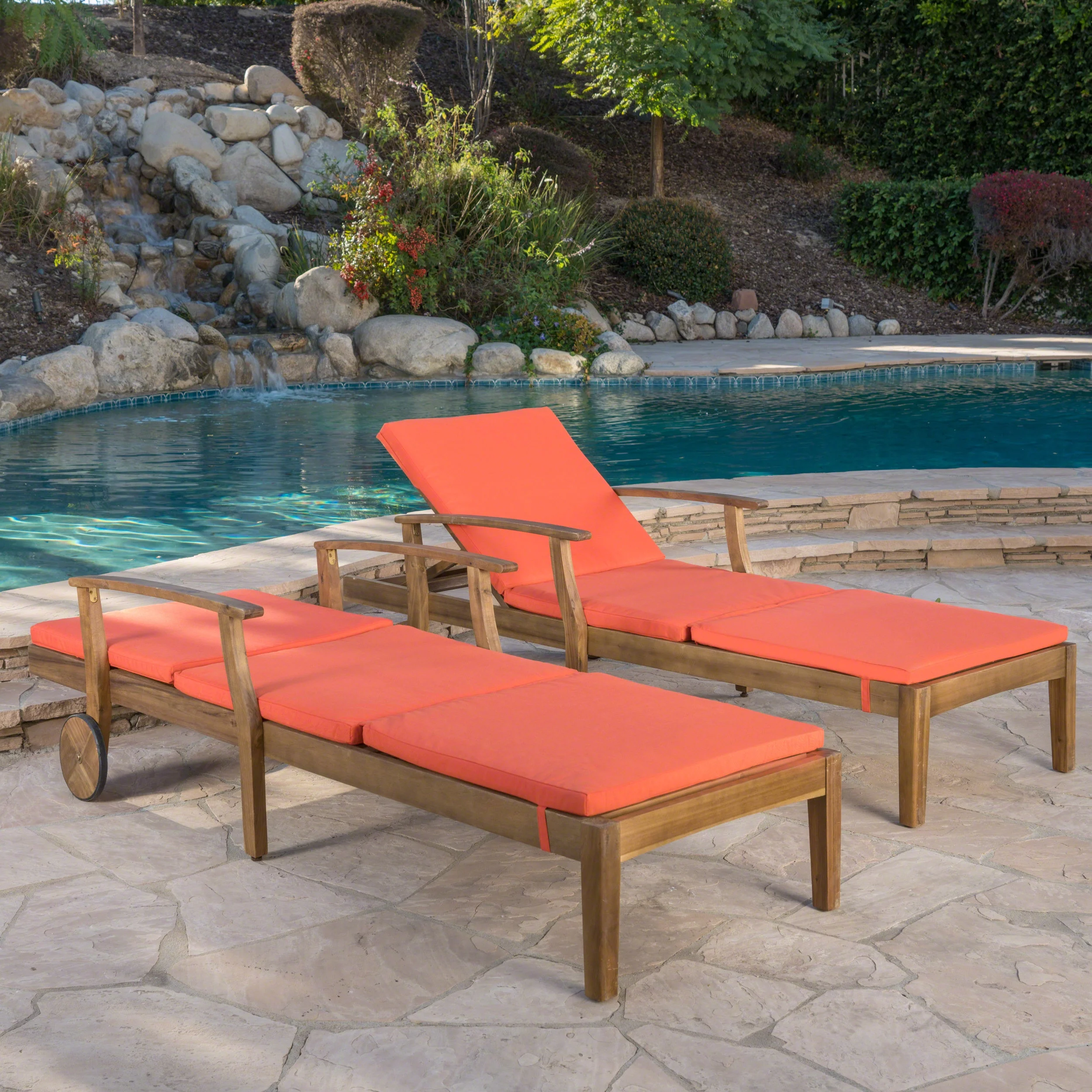 Daisy Outdoor Chaise Lounge with Weather Resistant Cushion, Set of 2, Teak Finish and Orange