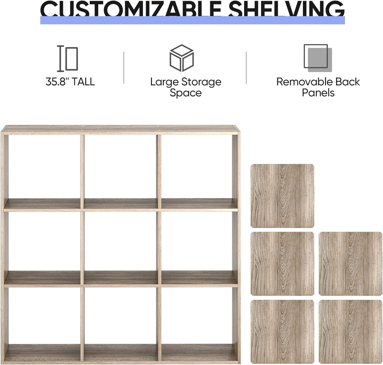 U-SHARE Open Shelf Bookcase 3 Tier Bookshelf Wood Cabinet Storage Organizer Display Shelves with 5 Removable Back Panels for Home, Office, Bedroom, Living Room,