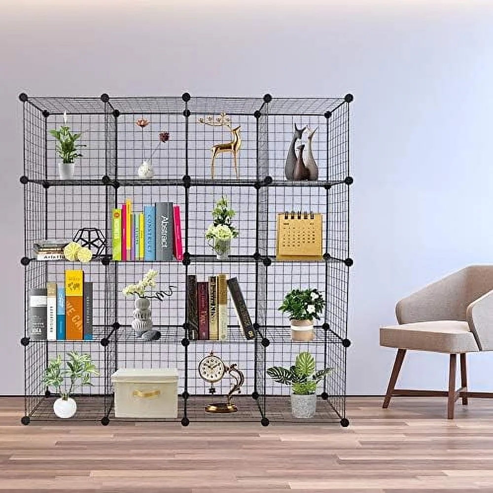 CHBGFV 16-Cube Metal Wire Cube  with 1 Wooden hammer Stackable  Bins  Modular Bookcase  DIY Closet Cabinet Ideal  Room Bedroom  Home  Office 47''L x 14''W x 57''H