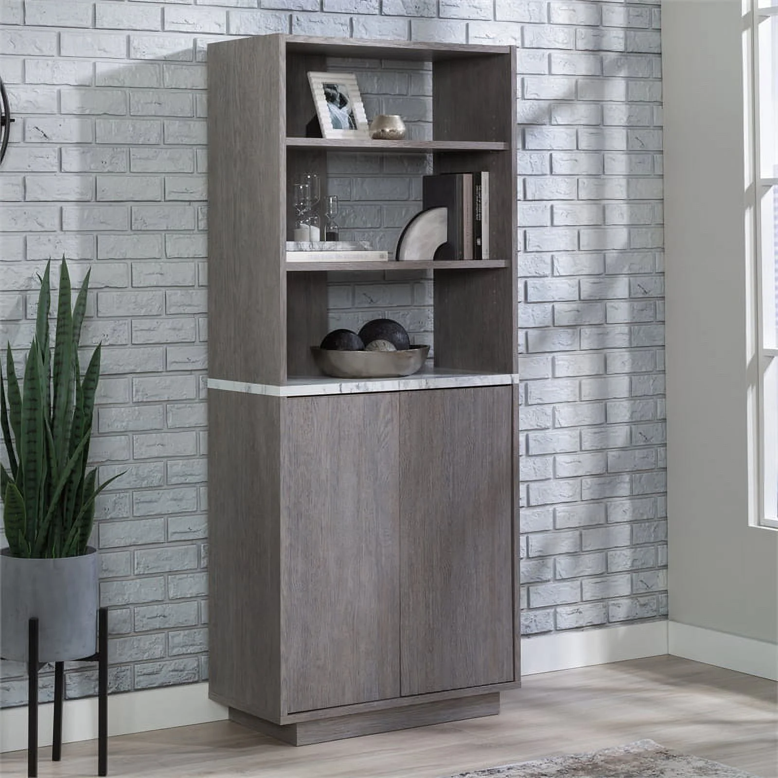 Pemberly Row Modern Engineered Wood Library in Ashen Oak Finish