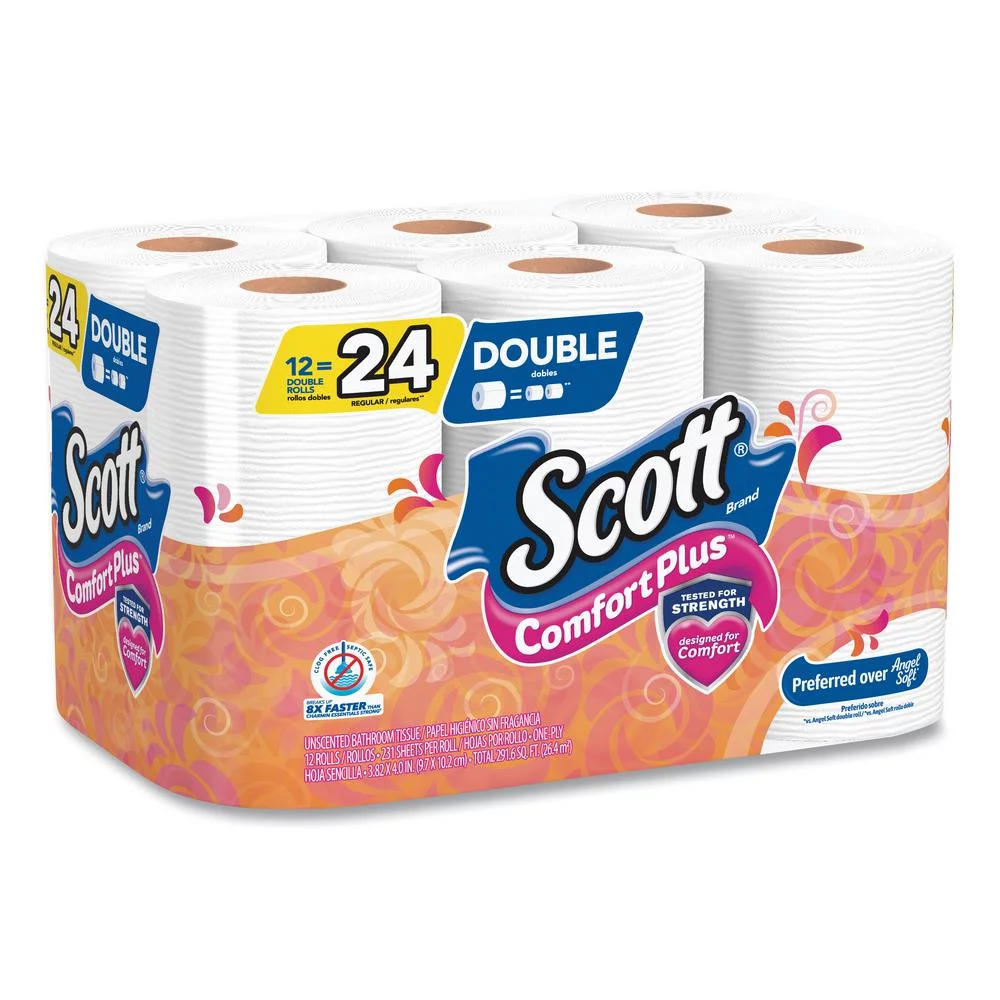 ComfortPlus Toilet Paper, Double Roll, Septic Safe, 1-Ply, White, 231 Sheets/Roll, 12 Rolls/Pack, 4 PK/CT