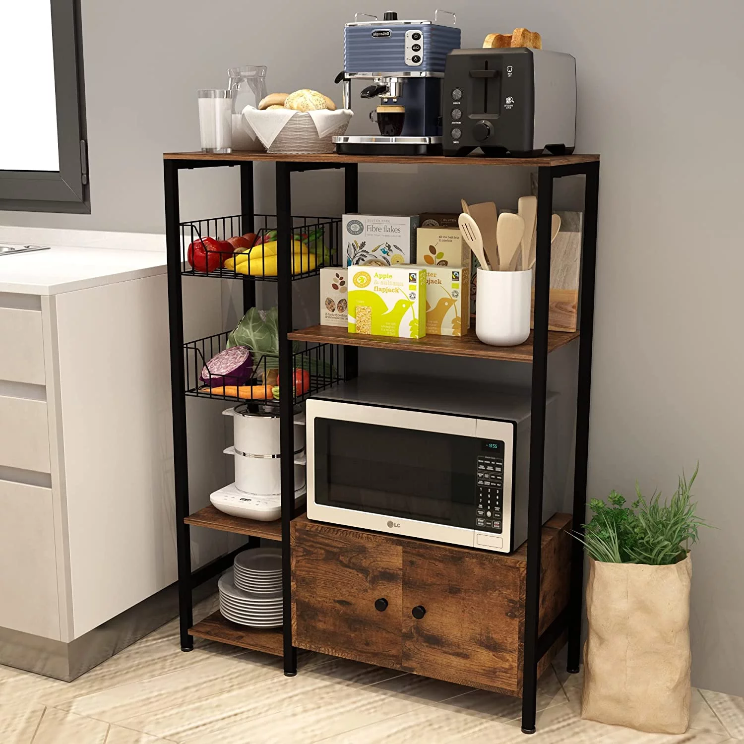 5-Tier Kitchen Bakers Rack,Microwave Oven Stand with Shelves,Utility Storage Shelf with Hutch,Free Standing Kitchen Rack Organizer