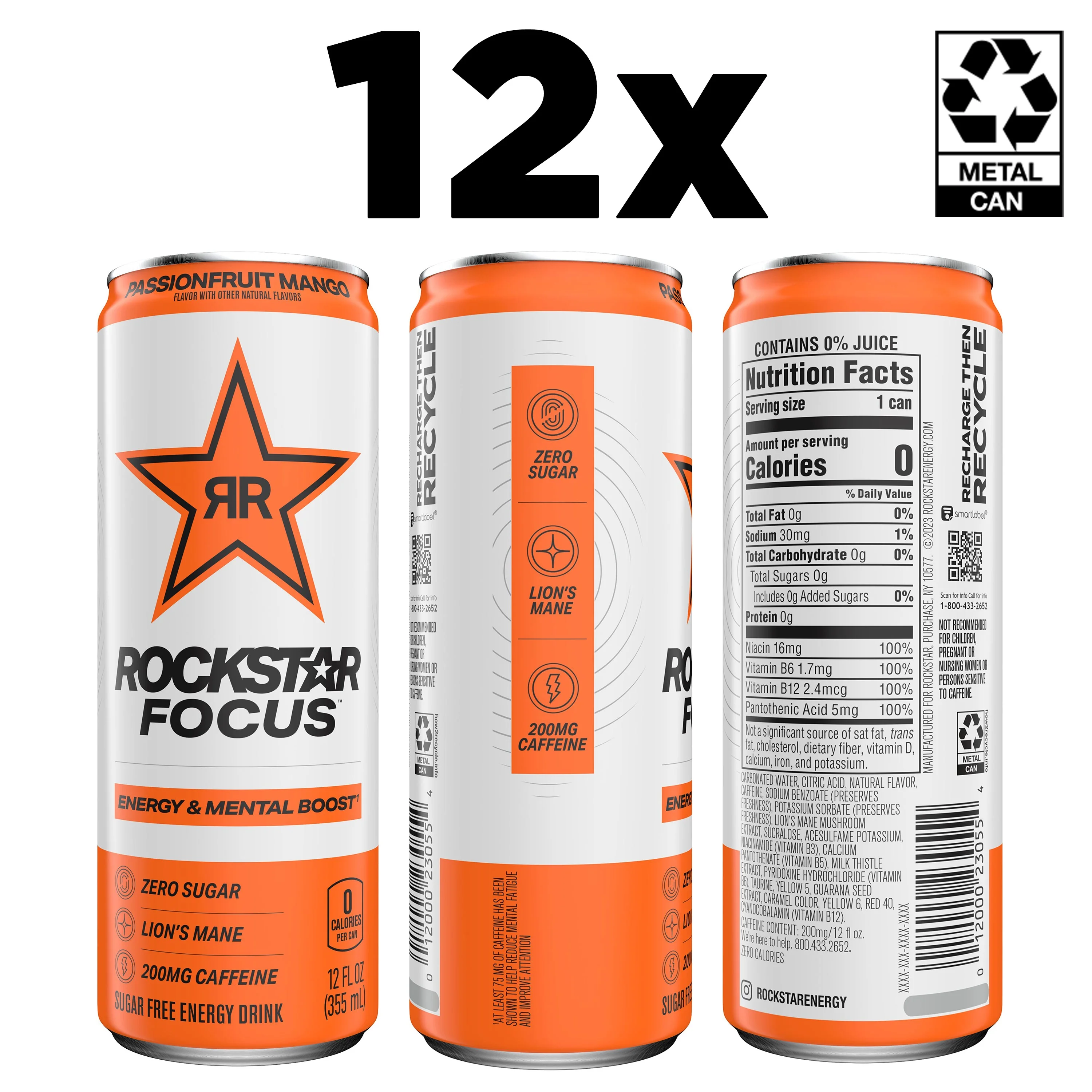 Rockstar Focus Zero Sugar Energy Drink, Passionfruit Mango Flavor, Lion’s Mane, Energy & Mental Boost, 12 oz 12 Pack Cans