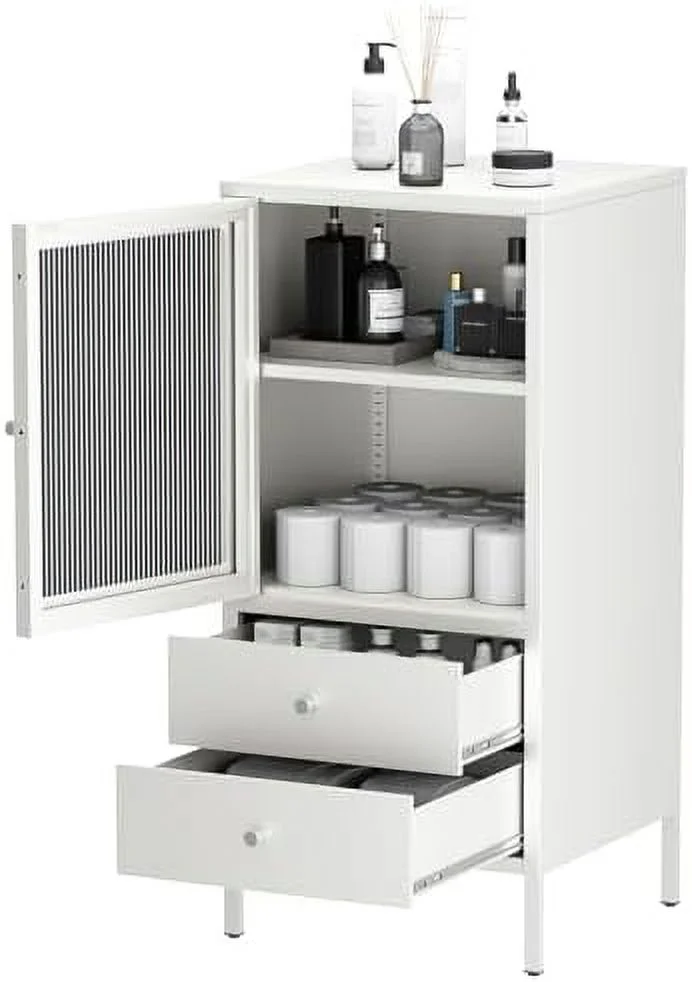 HBBOOMLIFE Bathroom Floor  Cabinet  Freestanding Metal Bathroom Cabinet with Adjustable Shelves and 2 Drawers  White