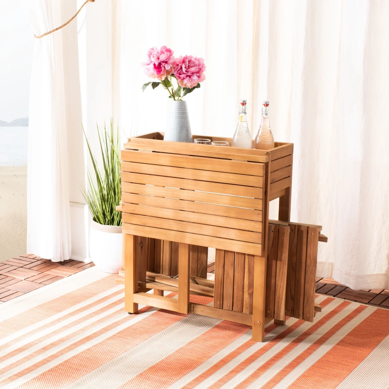 SAFAVIEH Outdoor Collection Walten Flower Shelf 3-Piece Bistro Set Natural