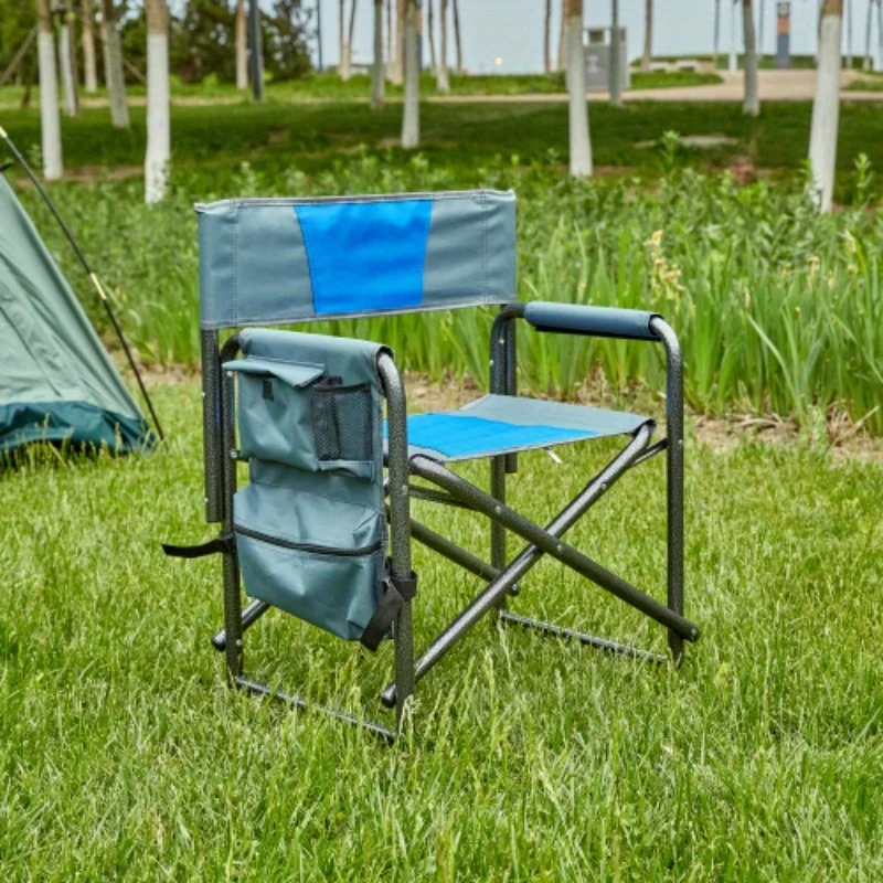 Camping Chair Portable Padded Folding Beach Chair with Storage Pockets Lightweight Oversized Directors Chair Lawn Chairs for Indoor, Outdoor, Picnics and Fishing, 1 Piece, Blue Gray