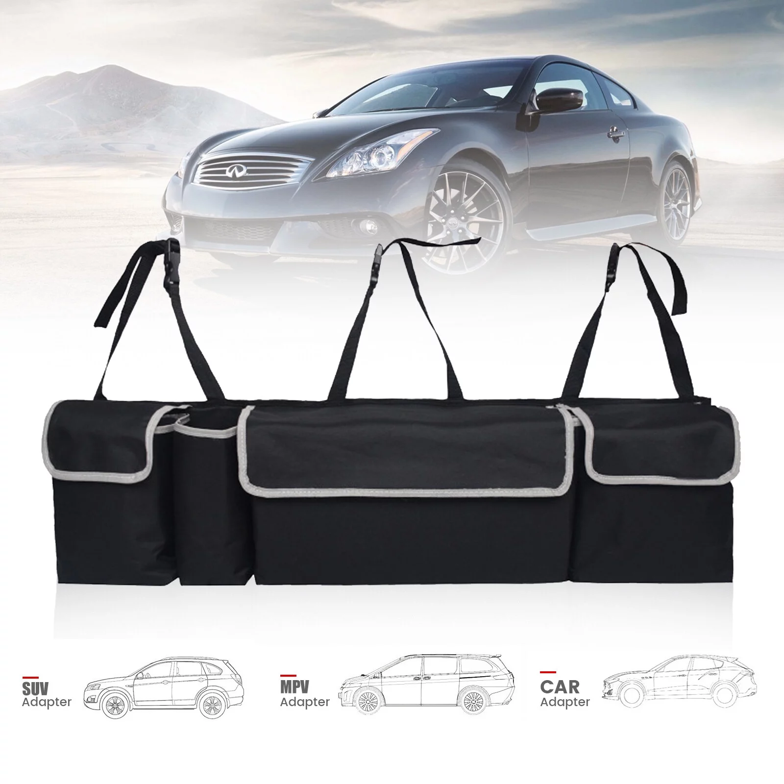 AOMOTA Back Seat Trunk Organizer Hanging Car Organizer Trunk Foldable Cargo Storage with 4 Large Pockets 3 Adjustable Straps (35.4x9.8''）