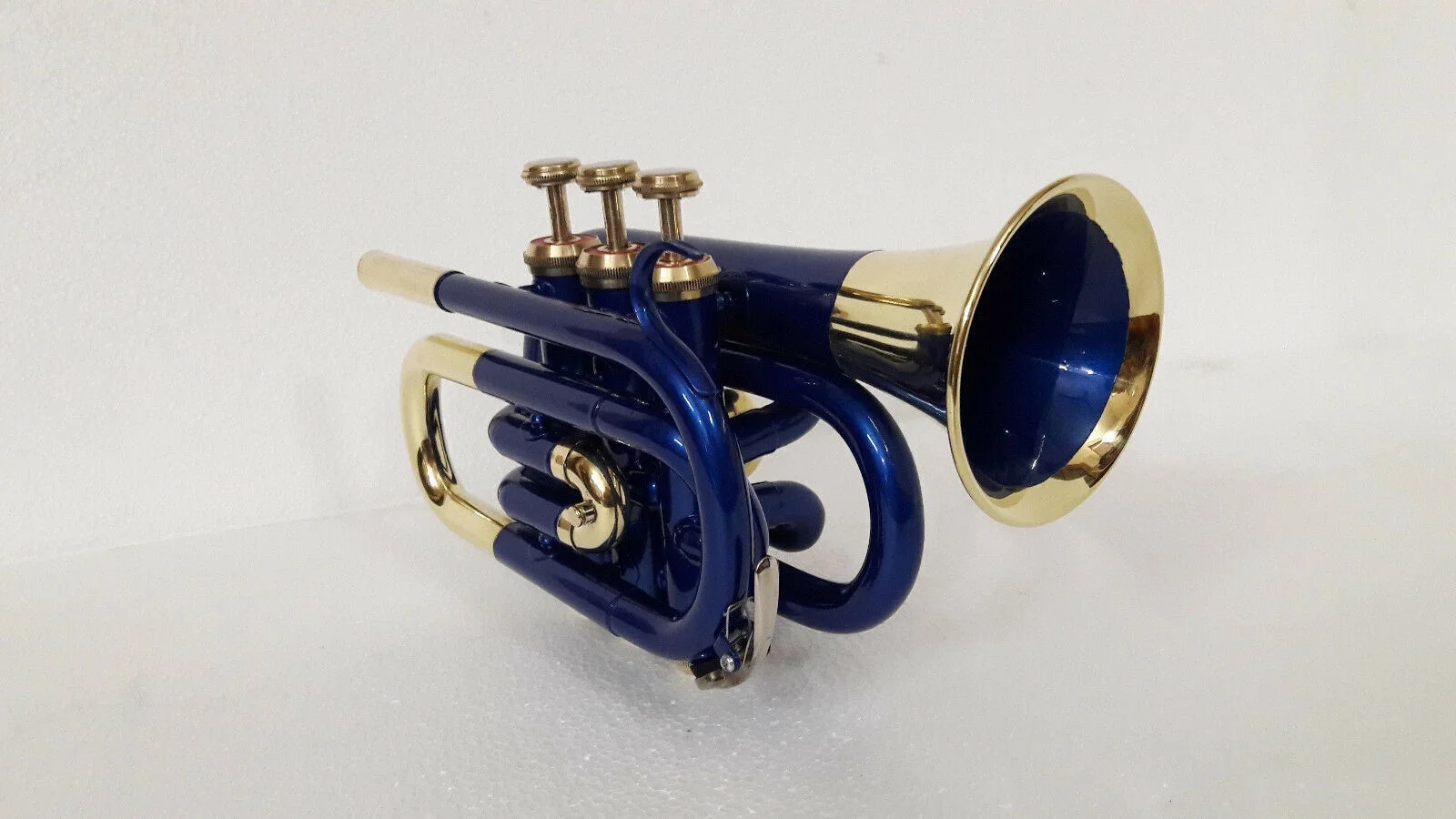 pocket trumpet blue and brass Bb pitch with hard case bag and mouthpiece