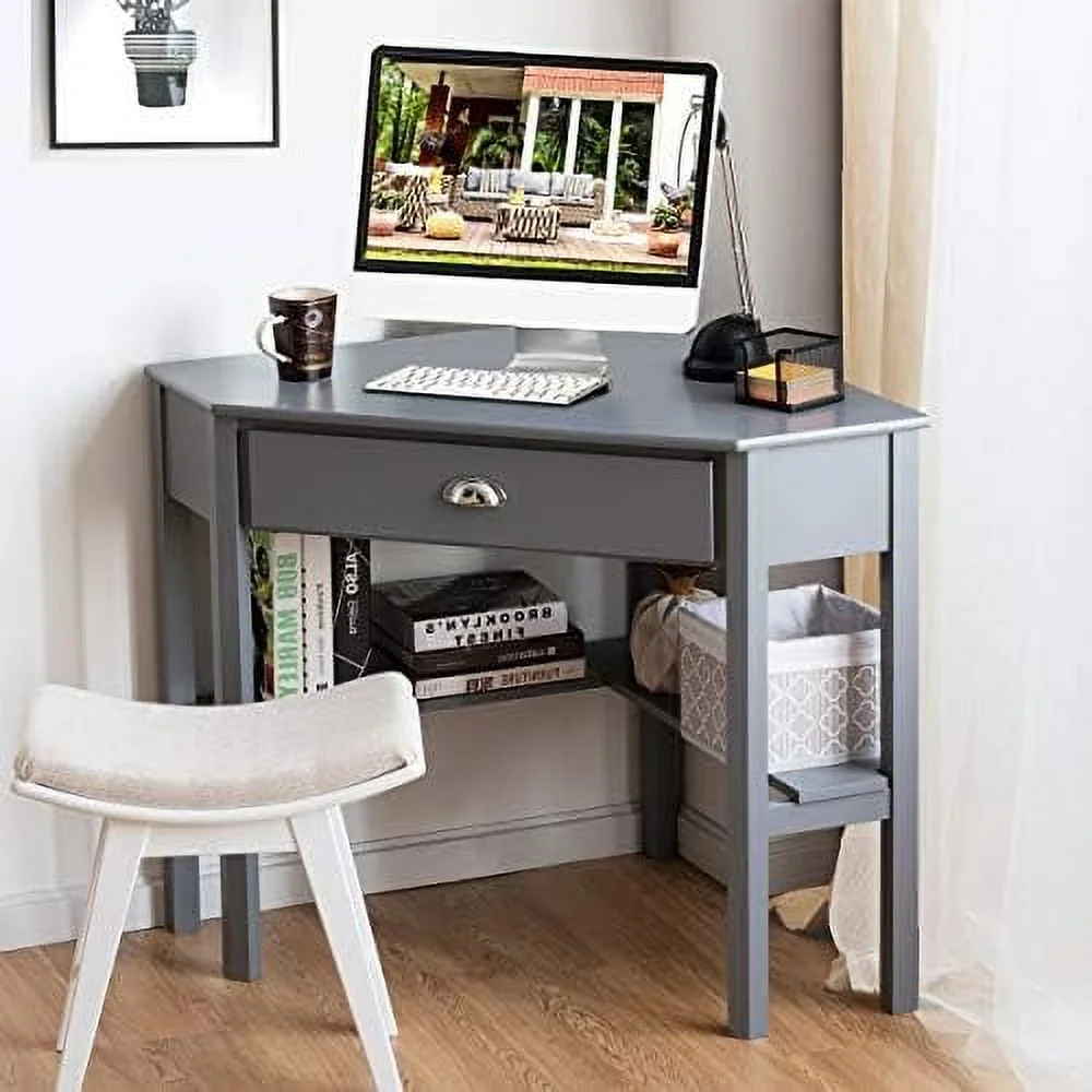 CGFHYP Computer Corner Desk  Wood Compact Home Office Writing Worstation with Drawer and Shelves  Laptop PC Corner Table for Small Space Home Office (Natural & White)