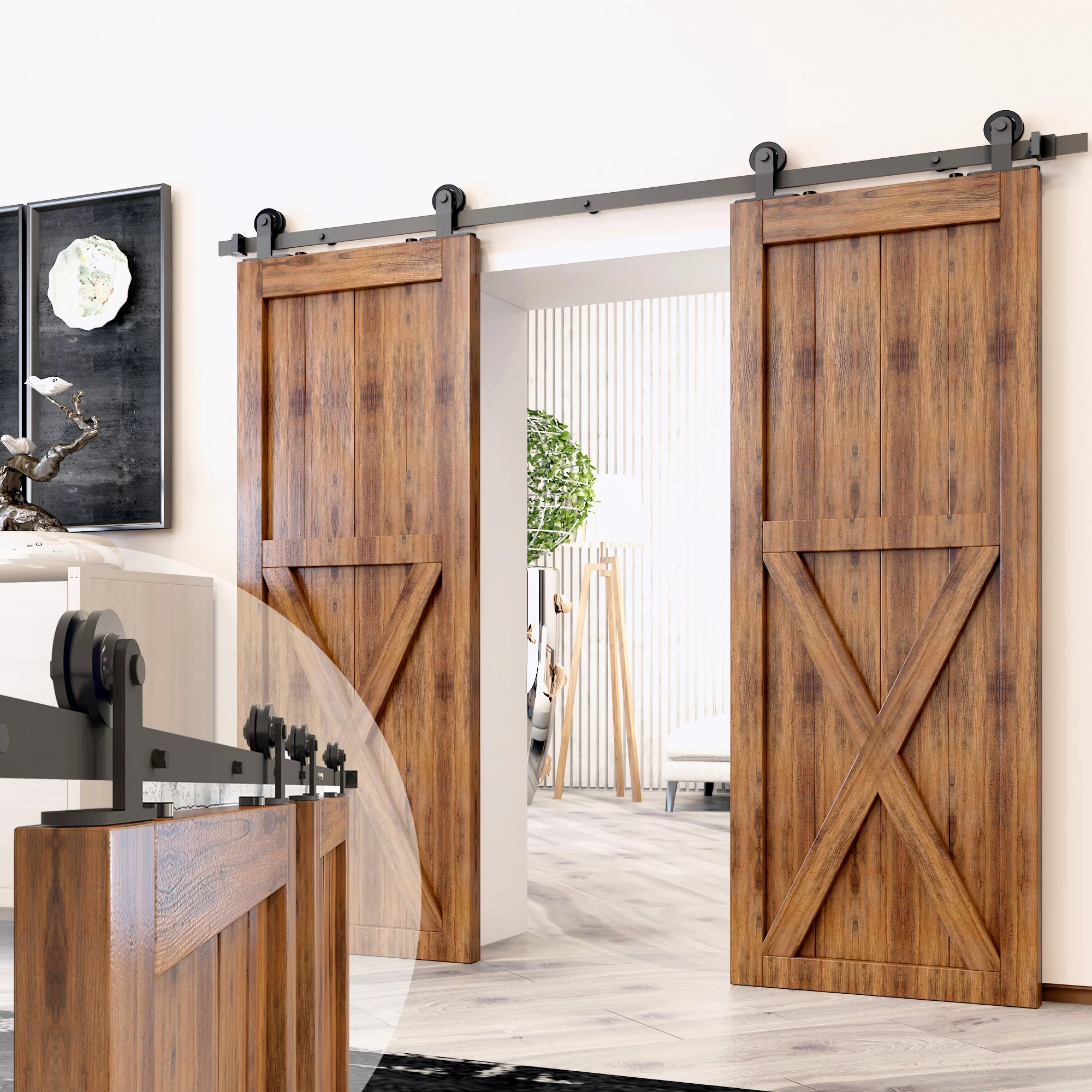 Homacer Black Rustic Sliding Barn Door Hardware Kit, for Two/Double Doors, 8ft Long Flat Track, T-Shape Design Roller, Heavy Duty, for Interior & Exterior Use