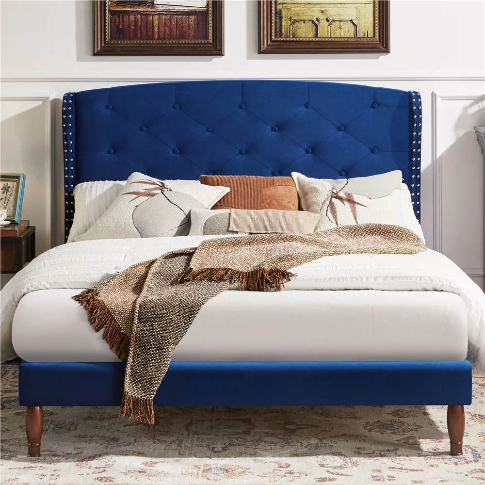 Easyfashion Platform Bed with Tufted Headboard, Navy Blue, Full