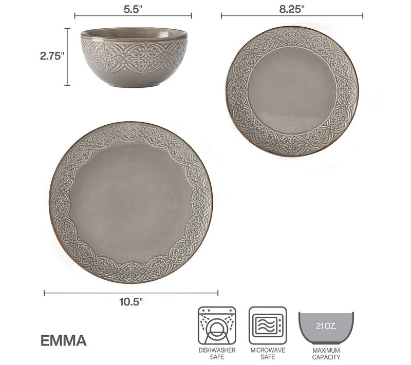 Pfaltzgraff Emma 12 Piece Stoneware Dinnerware Set Gray