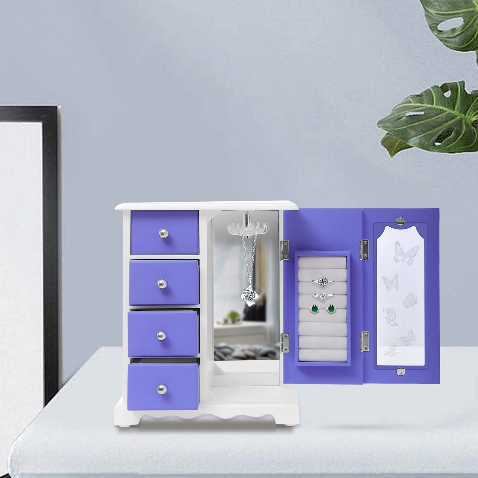 Solid Wooden Jewelry Box, Jewelry Box - Made of Solid Wood with 4 Drawers Organizer and Built-in Necklace Carousel and Large Mirror, Women Ring Storage