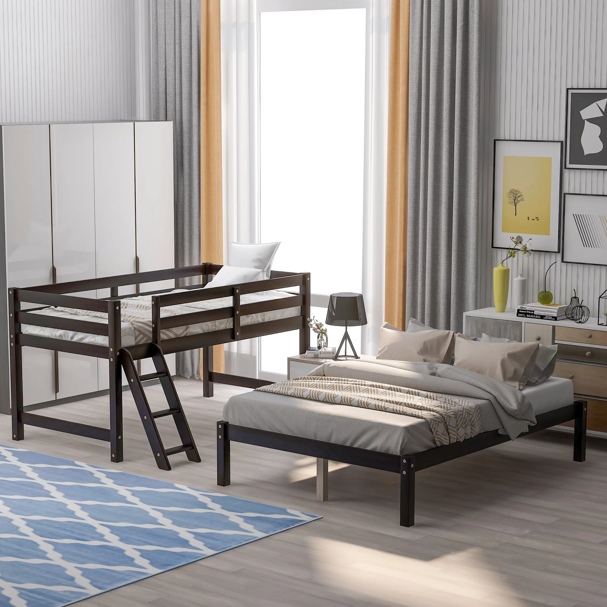 Wood Convertible Bunk Bed Twin Over Full Bunk Bed with Stair