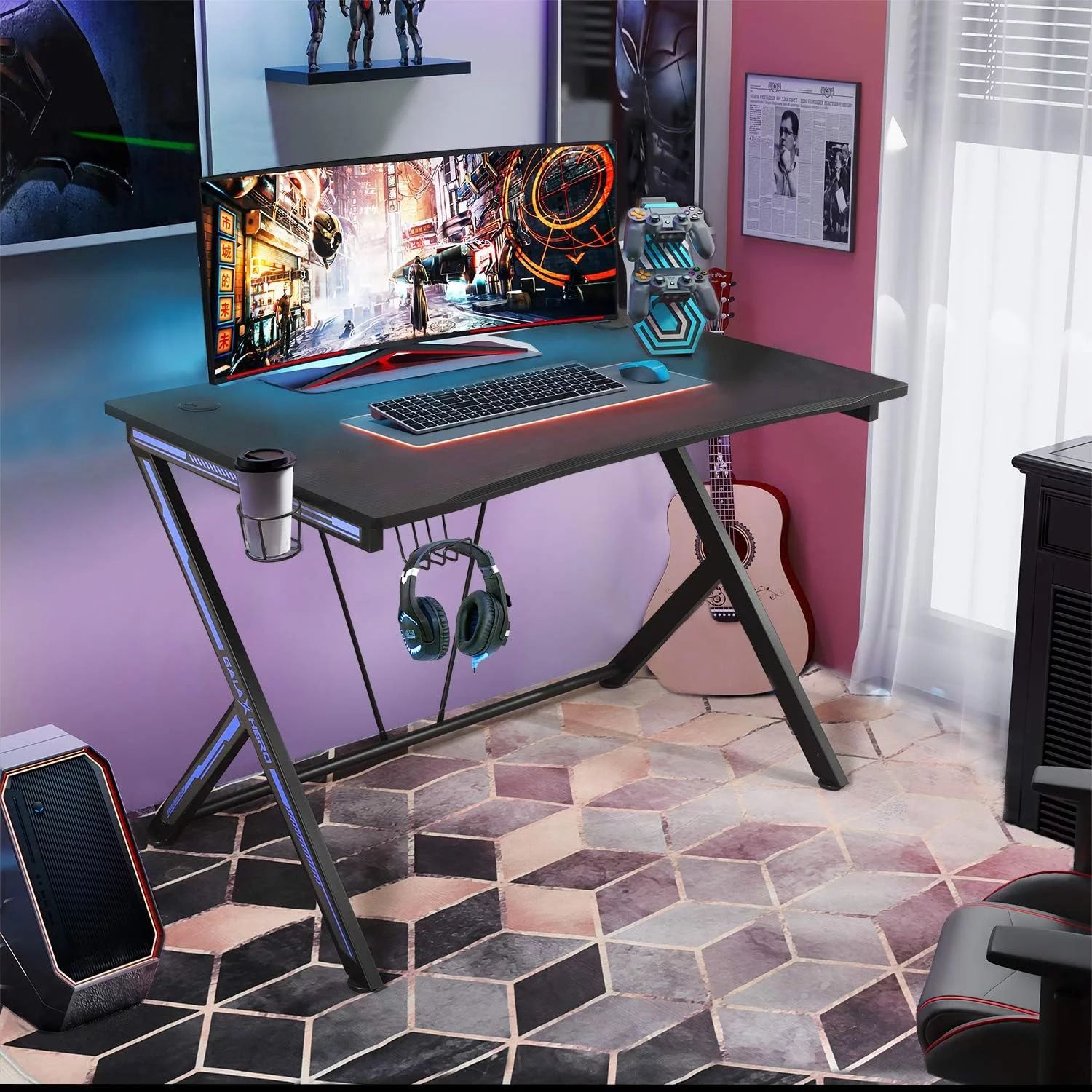 xrboomlife INC 45.3'' Gaming Desk Black Computer Desk with Cup Holder and Headphone Hook Modern Gamer Workstation Game Table  45.3 x 29.2 x 30.4 in