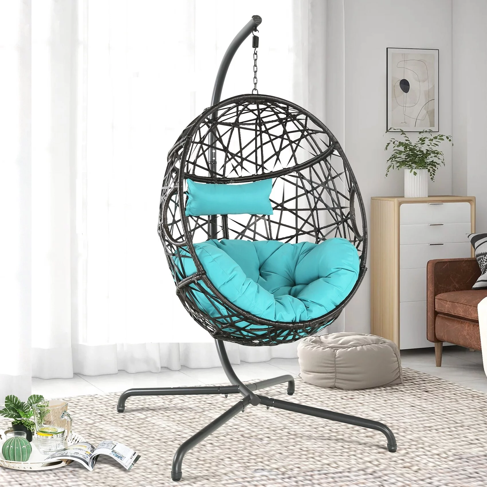 Swing Egg Chair with Stand and Cushion for Indoor Outdoor Use Blue