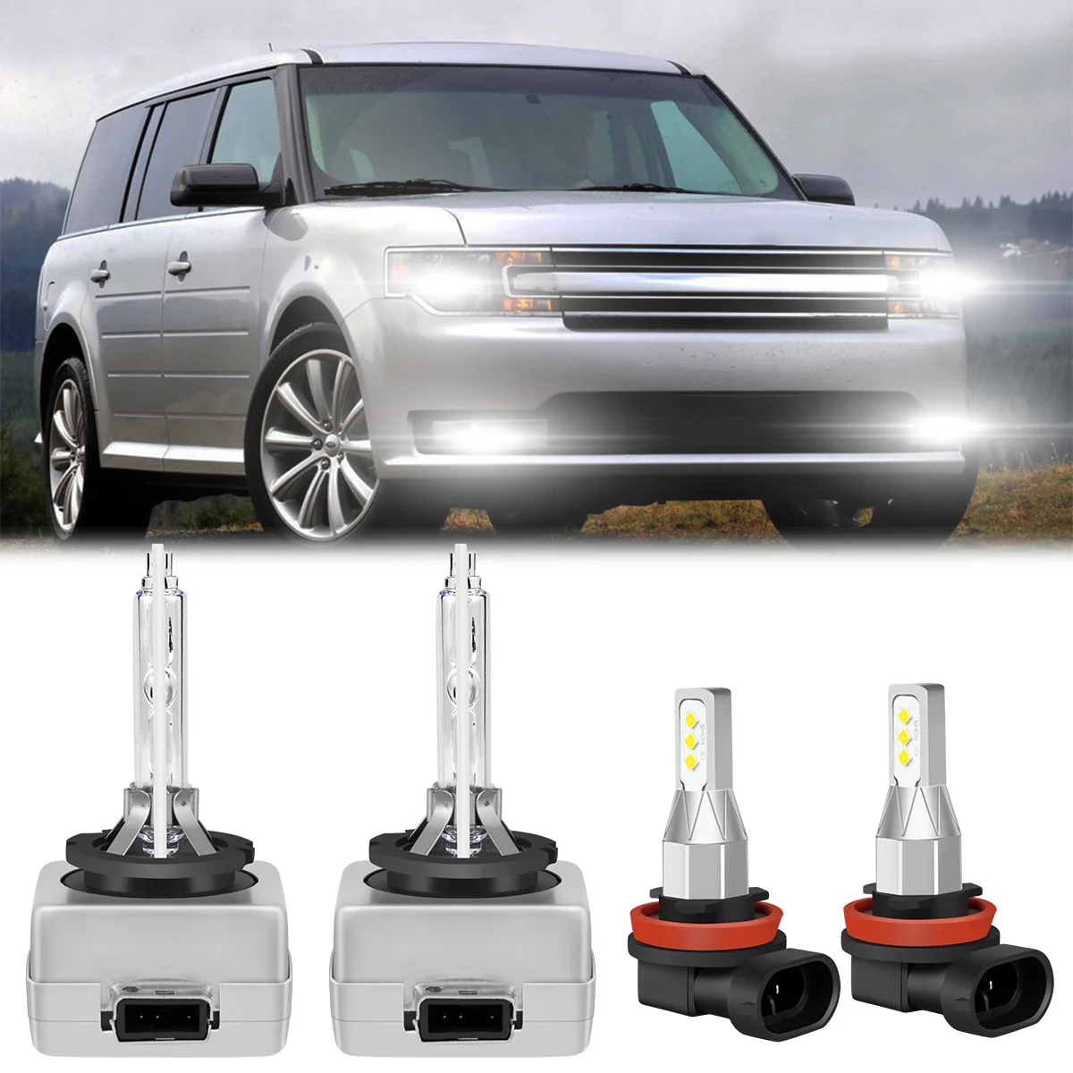 HMCYCI Xenon HID Headlight D3S For Ford Flex 2009-2017 Low/High Beam+H11 Fog Light LED