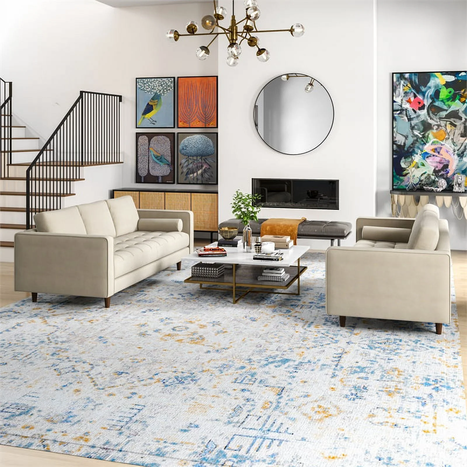 Tahir Mid-Century Pillow Back Velvet Sofa Set in Beige