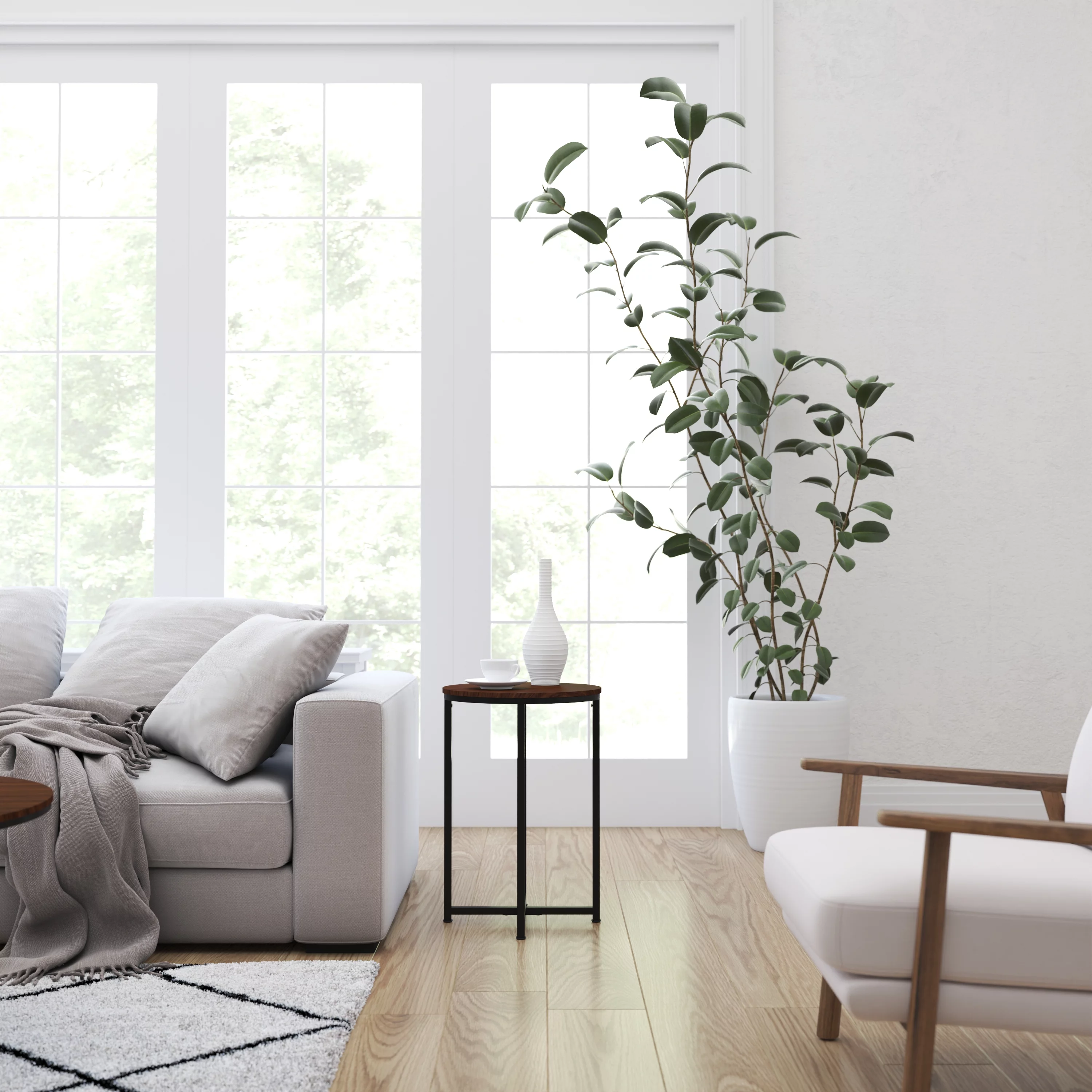 Merrick Lane Walnut End Table with Round Matte Black Cross Brace Frame