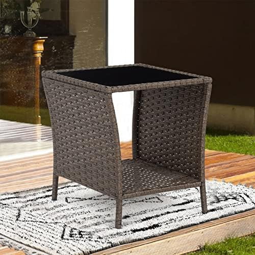ZWNLKQG Wicker Rattan  with Glass Top and  Bistro Woven  Outdoor Patio Square End Tables Garden Porch Sofa Tables Black