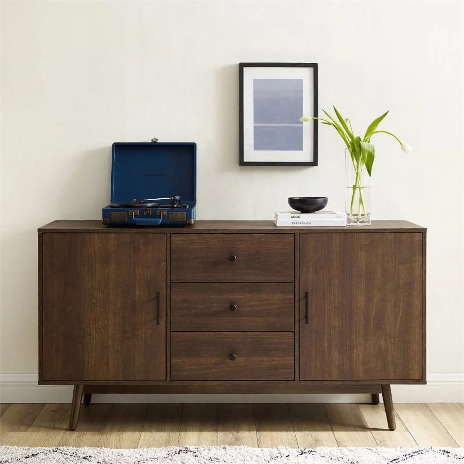 Pemberly Row 3-Drawer Mid-Century Wood Sideboard Buffet Cabinet in Brown