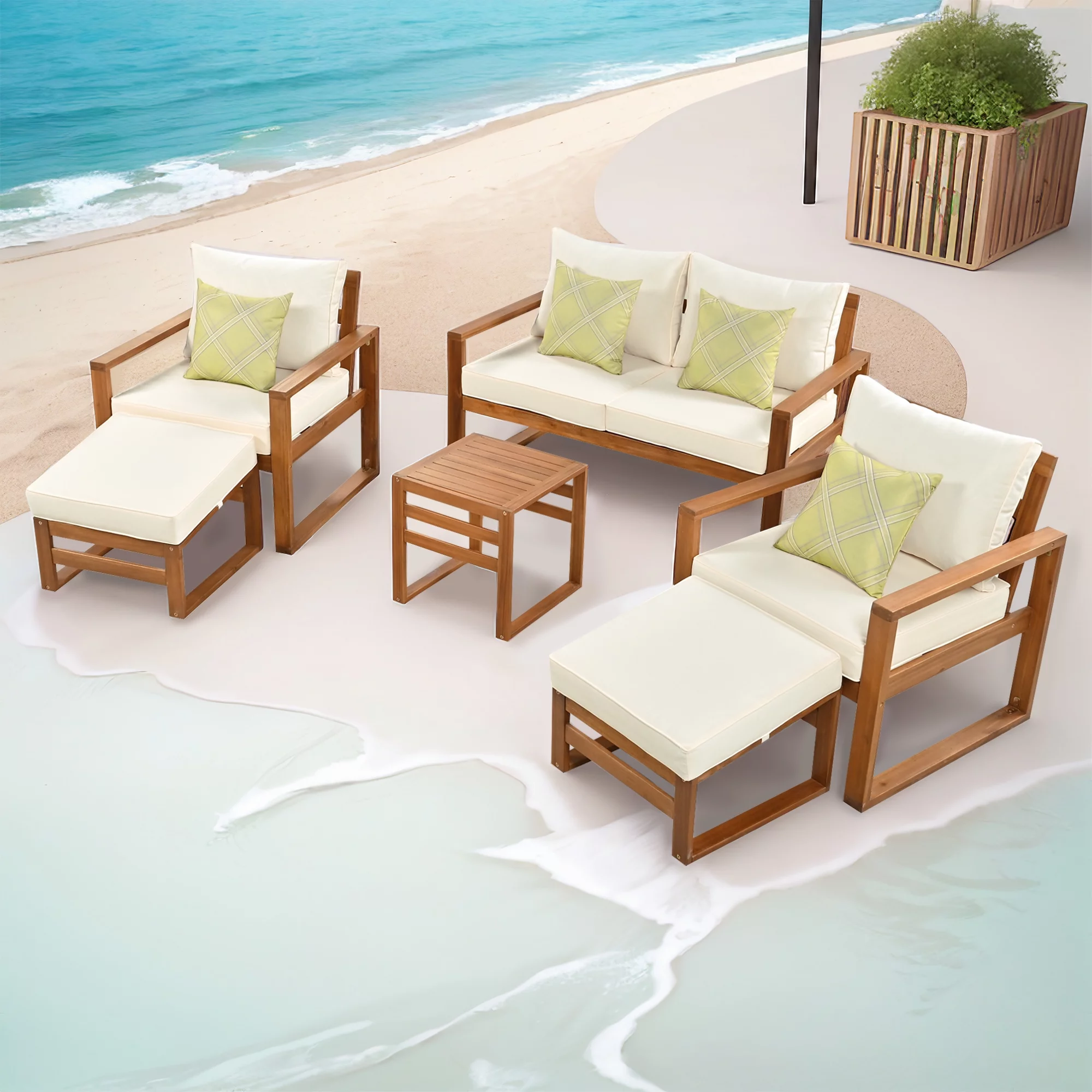 Churanty 4 Pieces Patio Conversation Set Outdoor Seating Set Solid Wood Sofa with Woven Rattan Backrest and Table for Backyard Garden