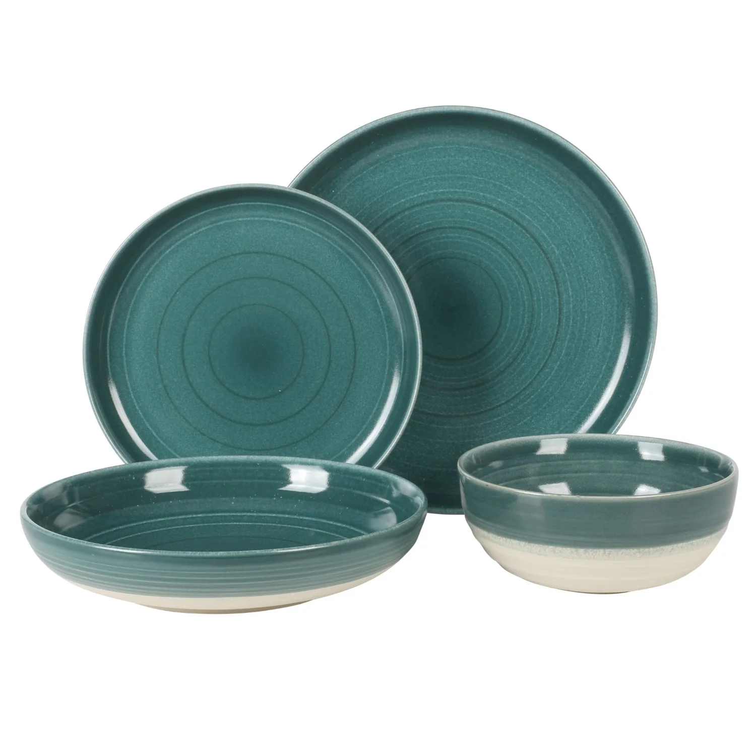 Gibson Elite Clarina 16 Piece Double Bowl Stoneware Reactive Glaze Round Plates and Bowls Dinnerware Set - Teal