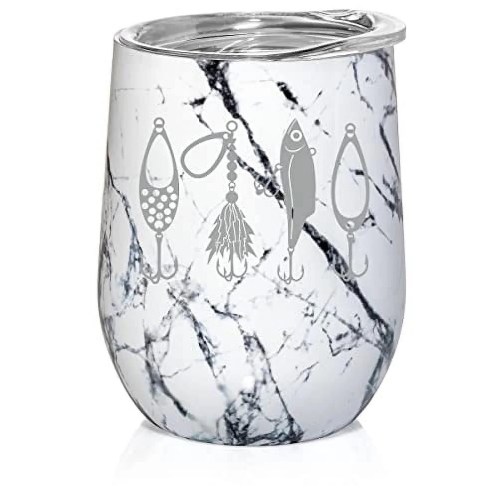 12 oz Double Wall Vacuum Insulated Stainless Steel Stemless Wine Tumbler Glass Coffee Travel Mug With Lid Fishing Lures (Black White Marble)