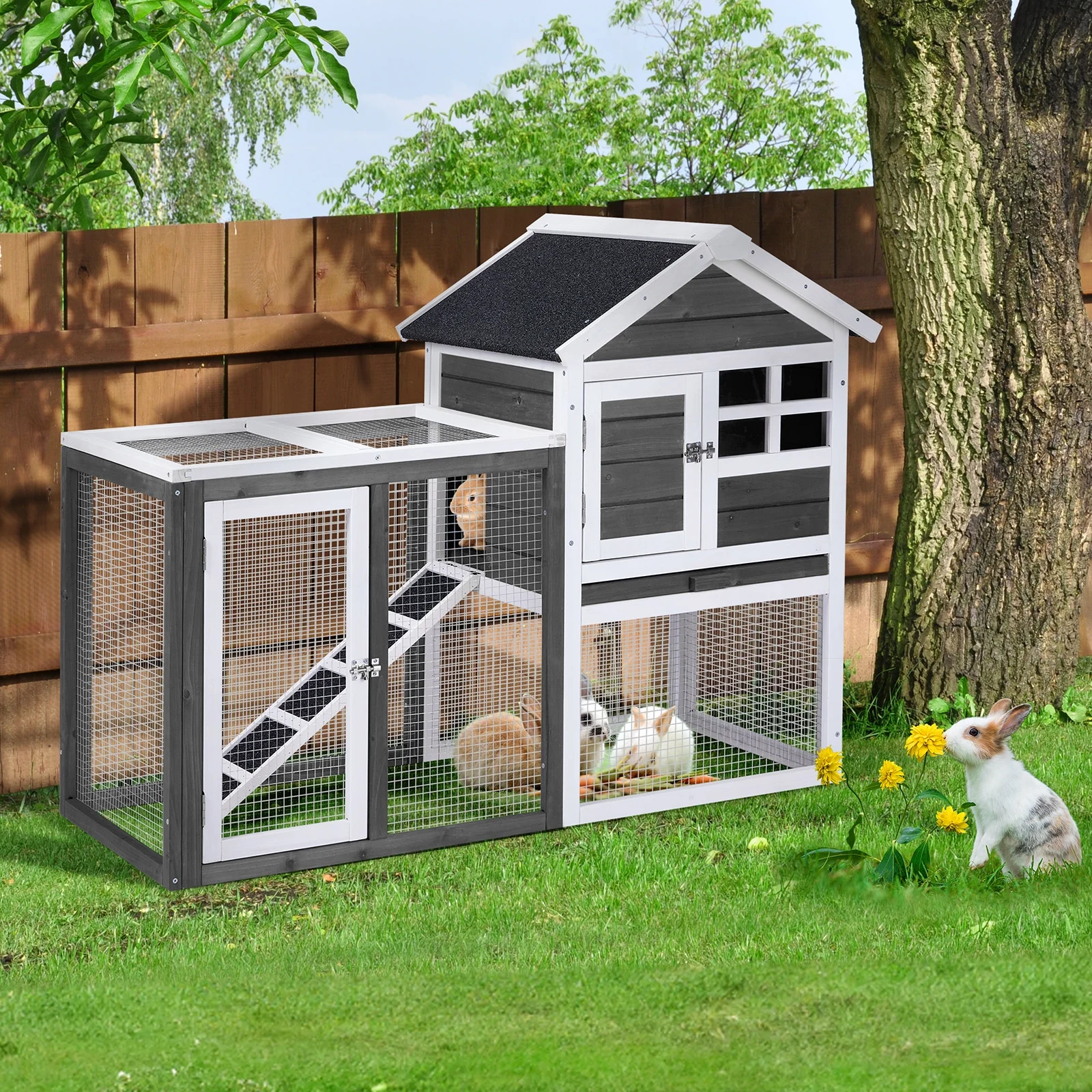 48“*24.8*35” House Model with Run Ladder Gray Fir Wooden Chicken Rabbit Cage with Removable Upper Tray