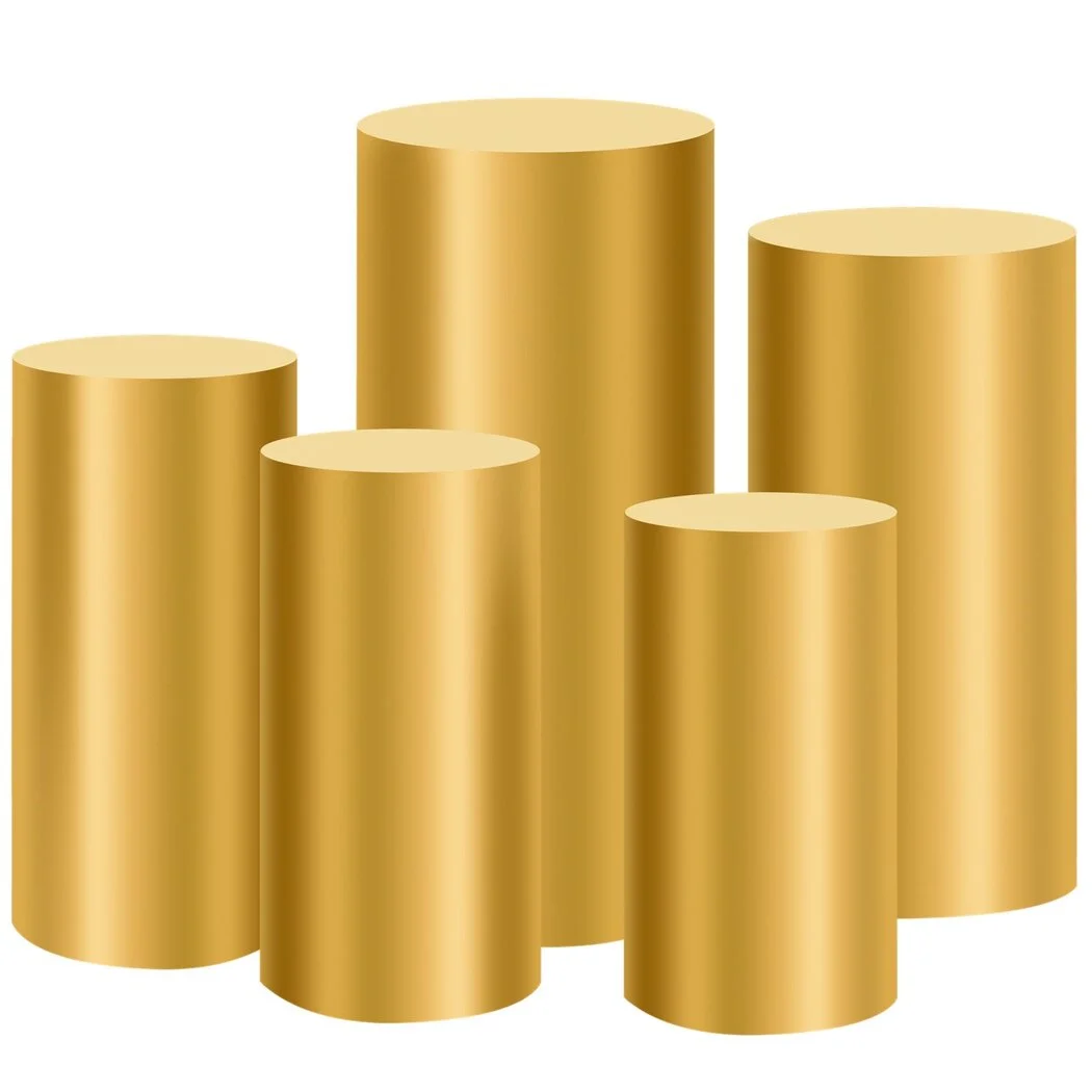 5 PCS Golden Cylinder Stand Covers, Cylinder Pedestal Stand Covers for Party, Assorted Size Elastic Dessert Table Display Pillar Covers for Birthdays, Weddings, Bridal Showers, Graduations