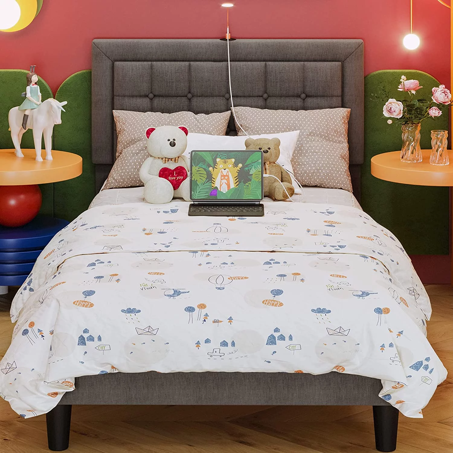 Twin Bed Frame with USB Ports, Platform Bed with Height Adjustable Upholstered Headboard, Heavy Duty Steel Support Legs, Easy Assembly, No Box Spring Needed, Grey